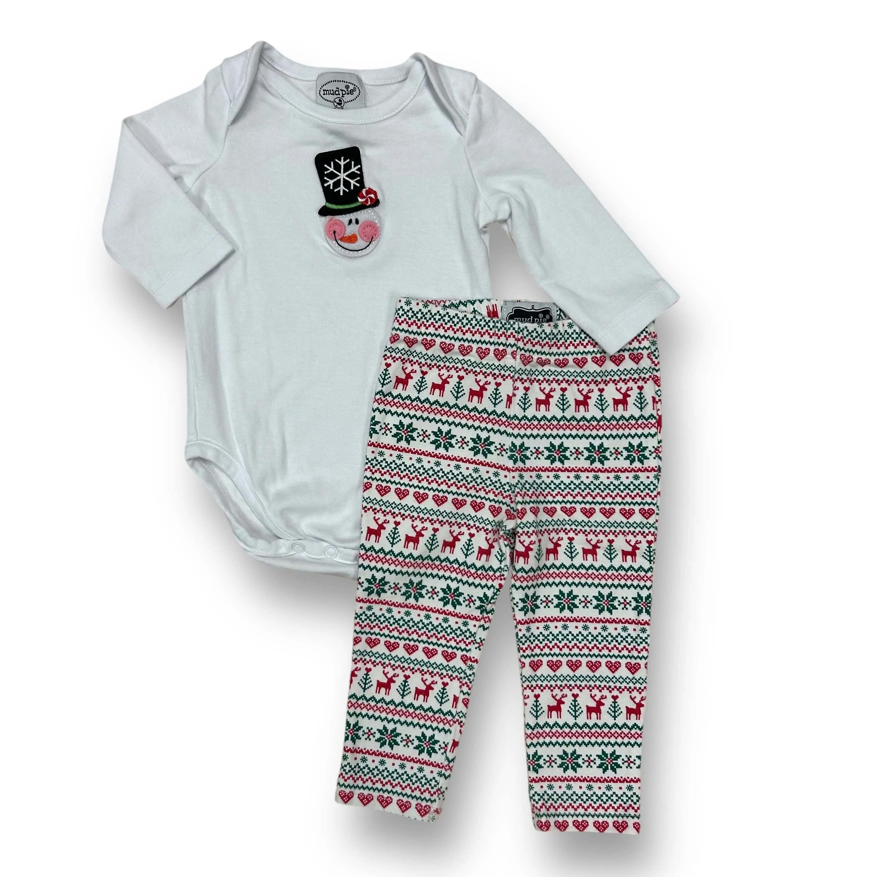 Girls Mudpie Size 0-6 Months Red & Green Snowman Snap Bottom 2-Pc Outfit