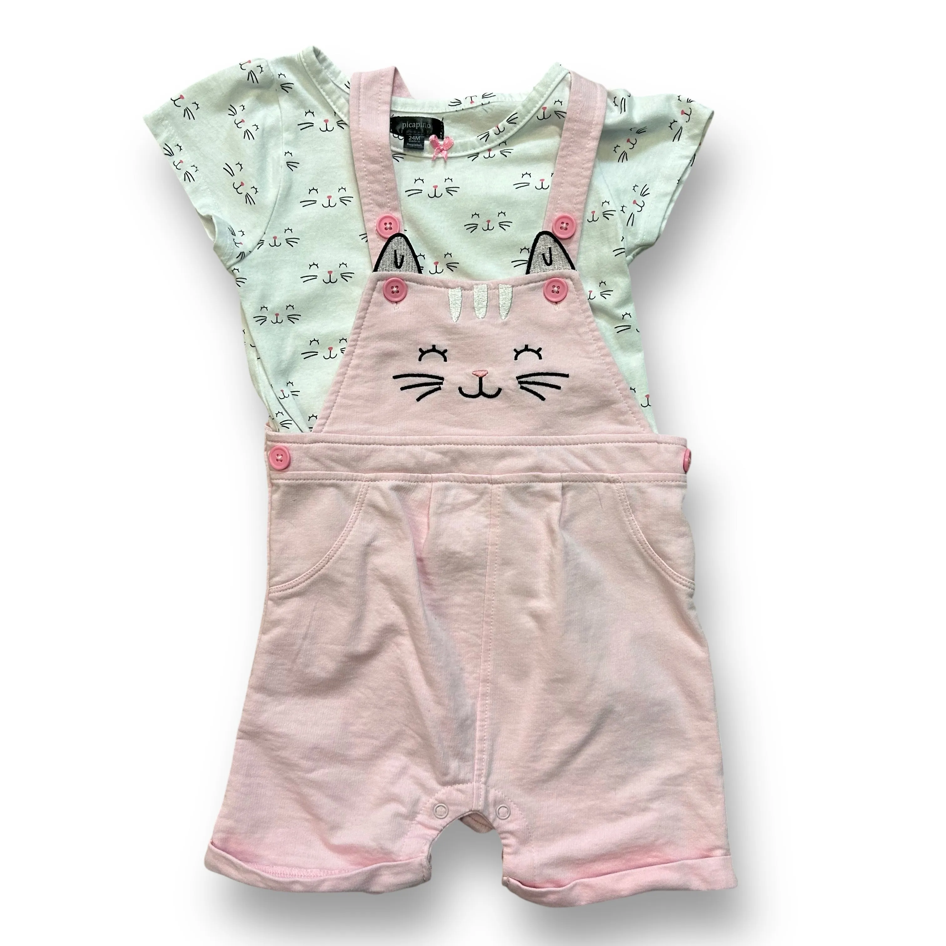 Girls Picapino Size 24 Months Pink & White Kitties 2-Pc Outfit