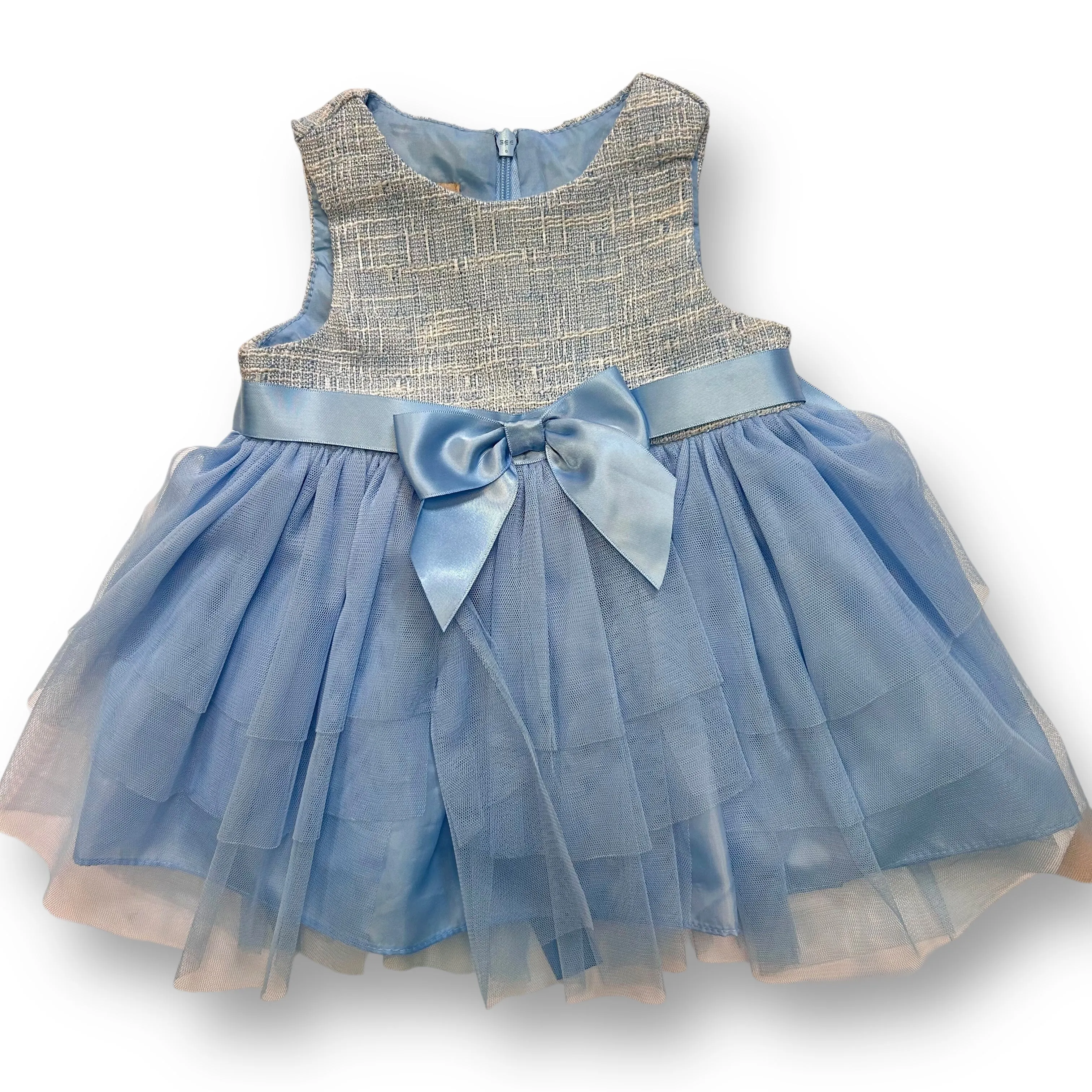 Girls Purple Rose Size 6-9 Months Blue & White Sleeveless Fancy Dress