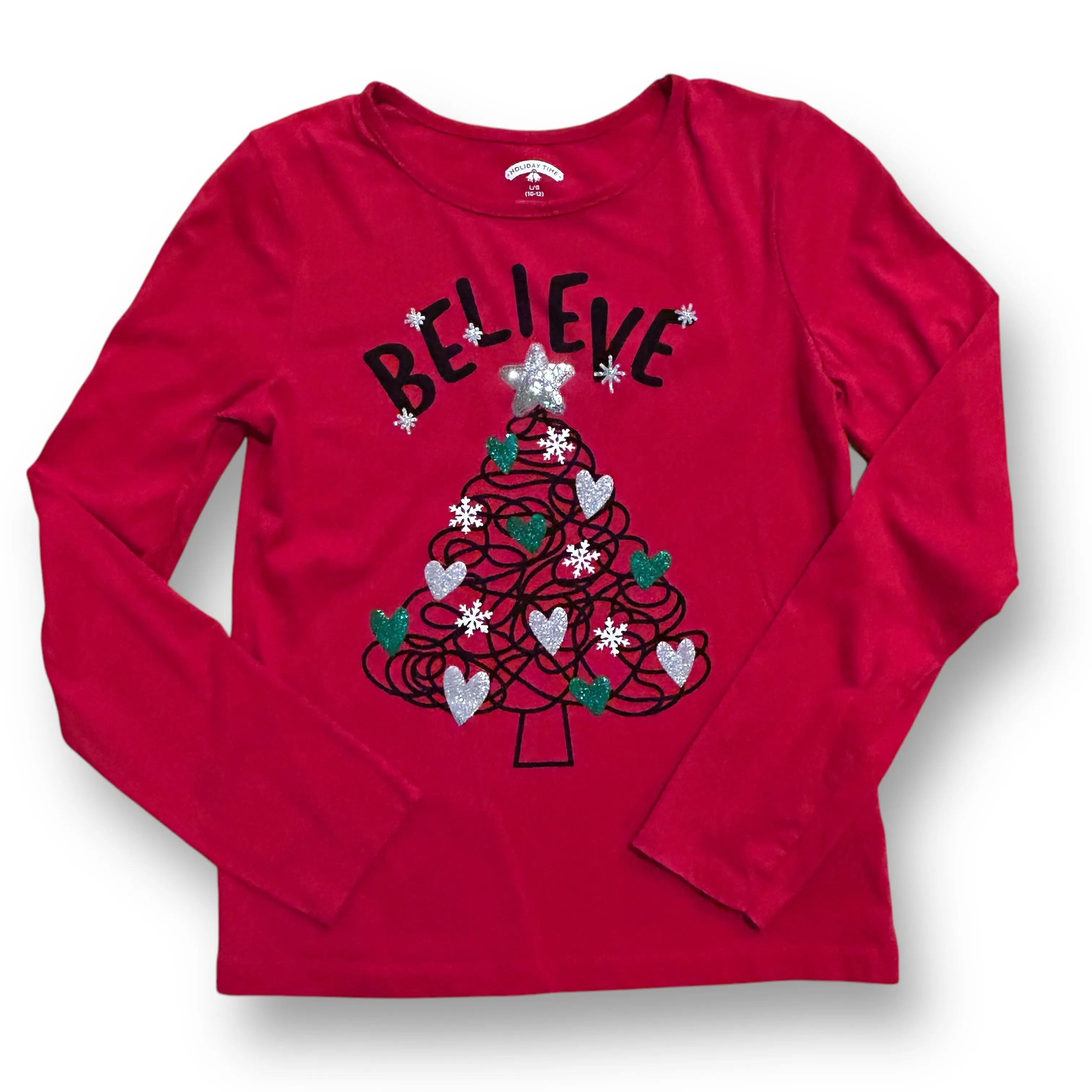 Girls Size 10/12 Youth Believe Sequin Star Christmas Tree Shirt