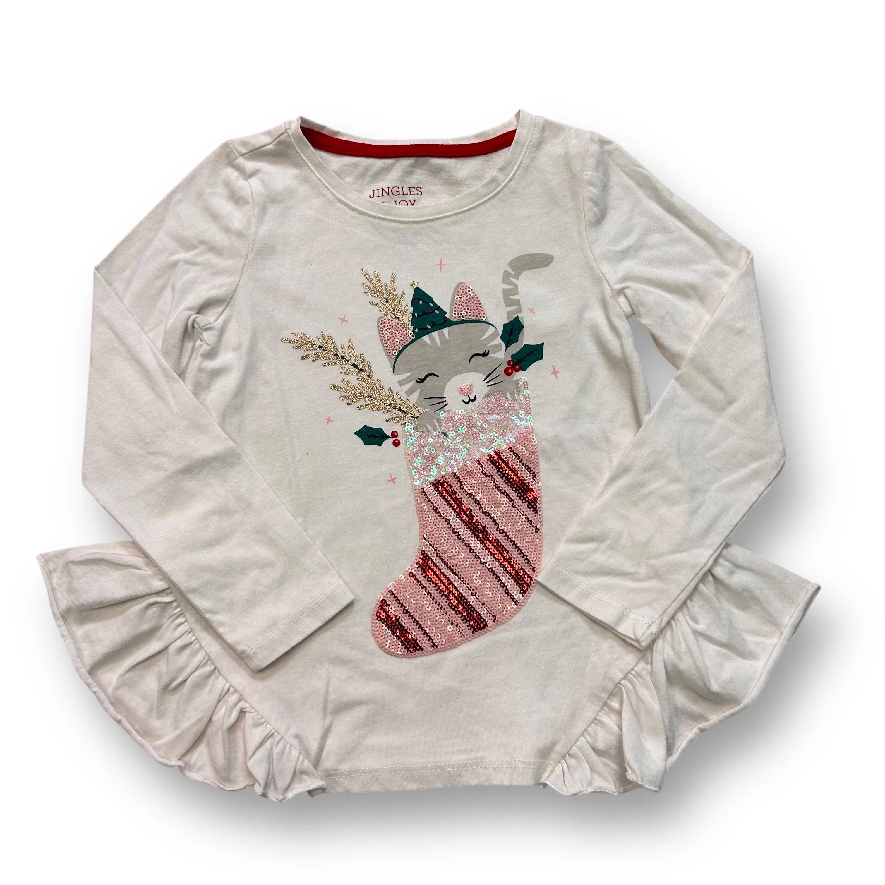 Girls Size 4 Shimmer Sequins Kitty Candy Cane Stocking Shirt