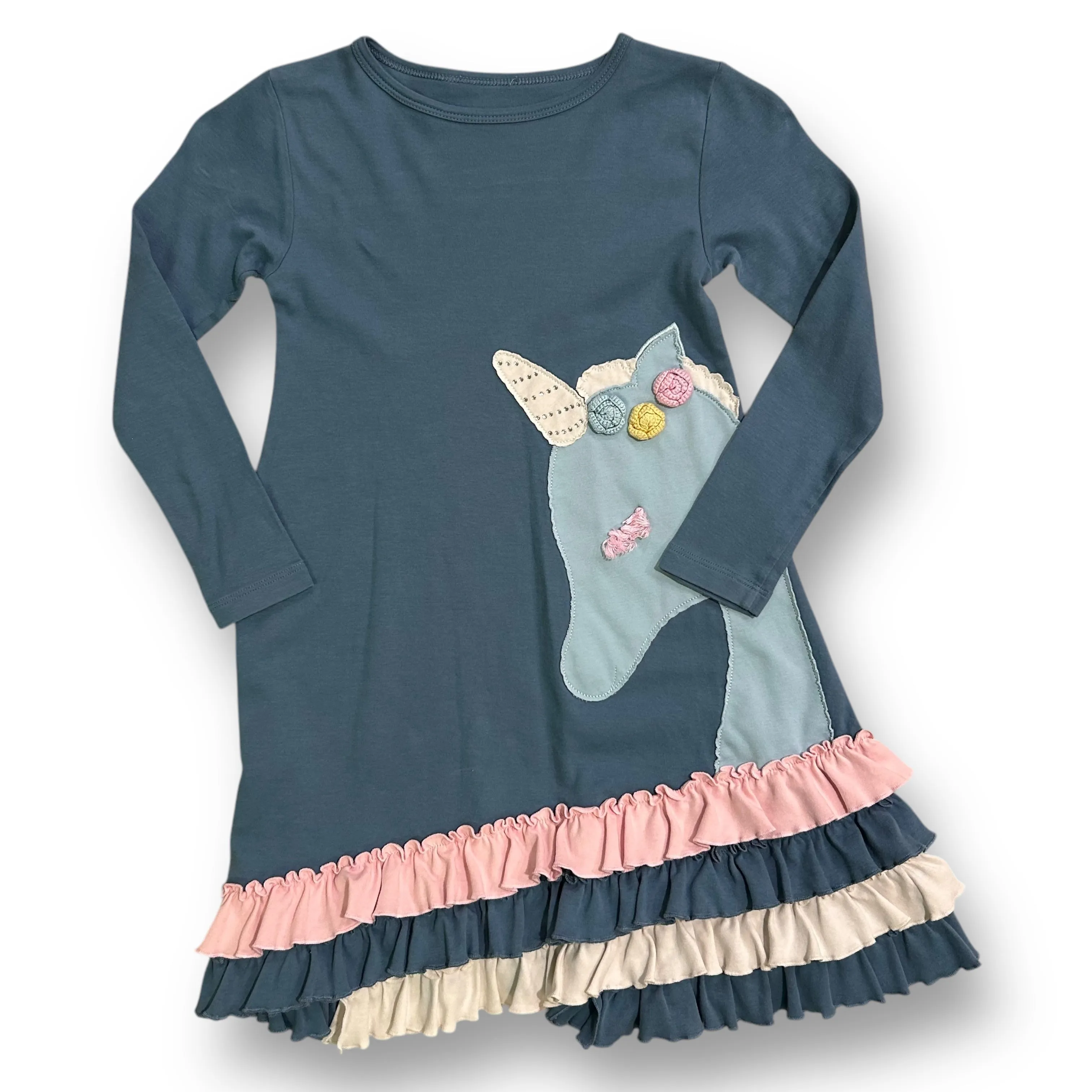 Girls Size 8/10 Country Blue 3D Stitched Unicorn Specialty Ruffle Dress