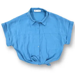 Girls Zara Size 13/14 Country Blue Button Down Tie-Front Crop Top