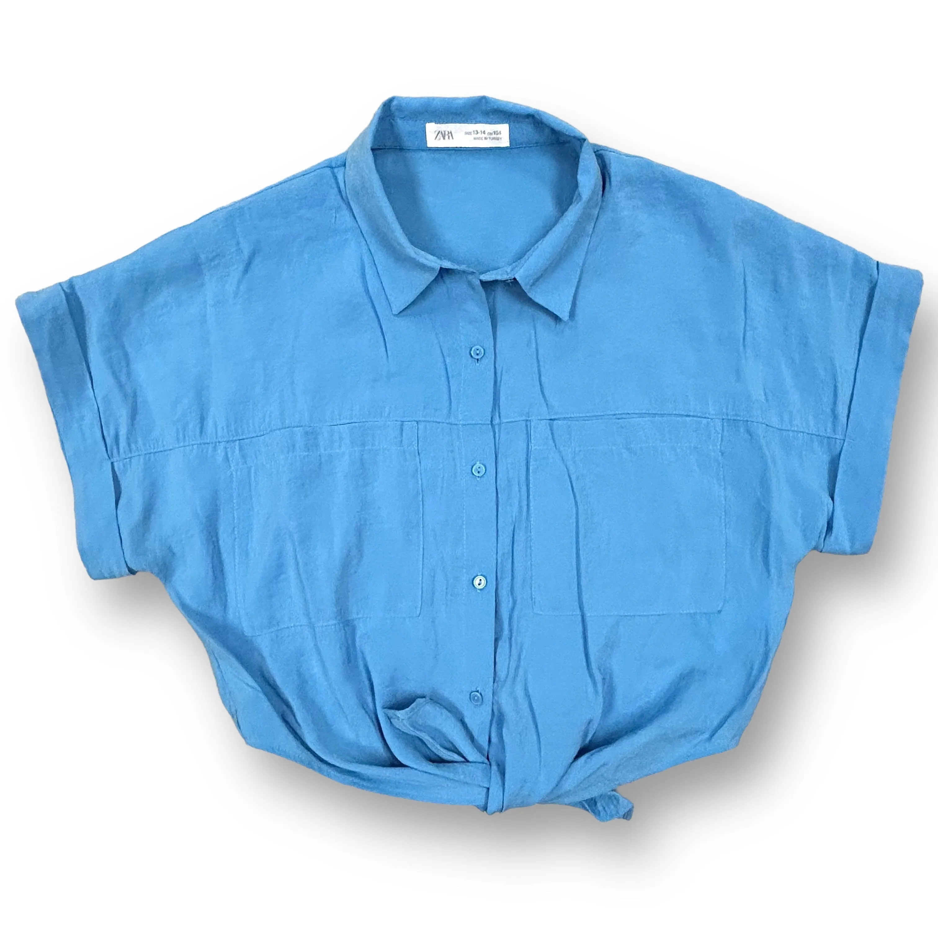 Girls Zara Size 13/14 Country Blue Button Down Tie-Front Crop Top