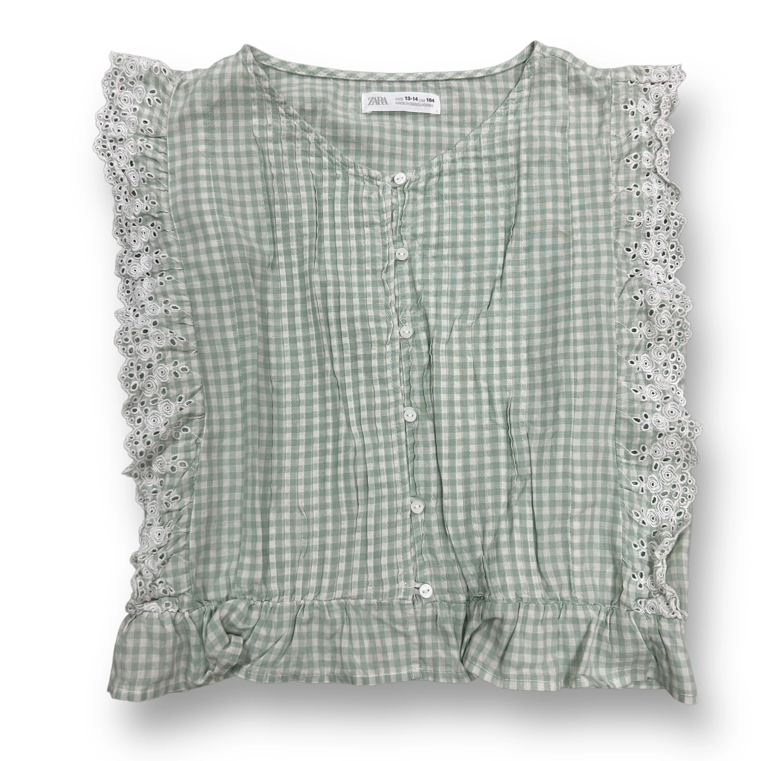 Girls Zara Size 13/14 Sage Green Gingham with Eyelet Sleeveless Blouse