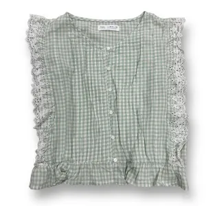 Girls Zara Size 13/14 Sage Green Gingham with Eyelet Sleeveless Blouse