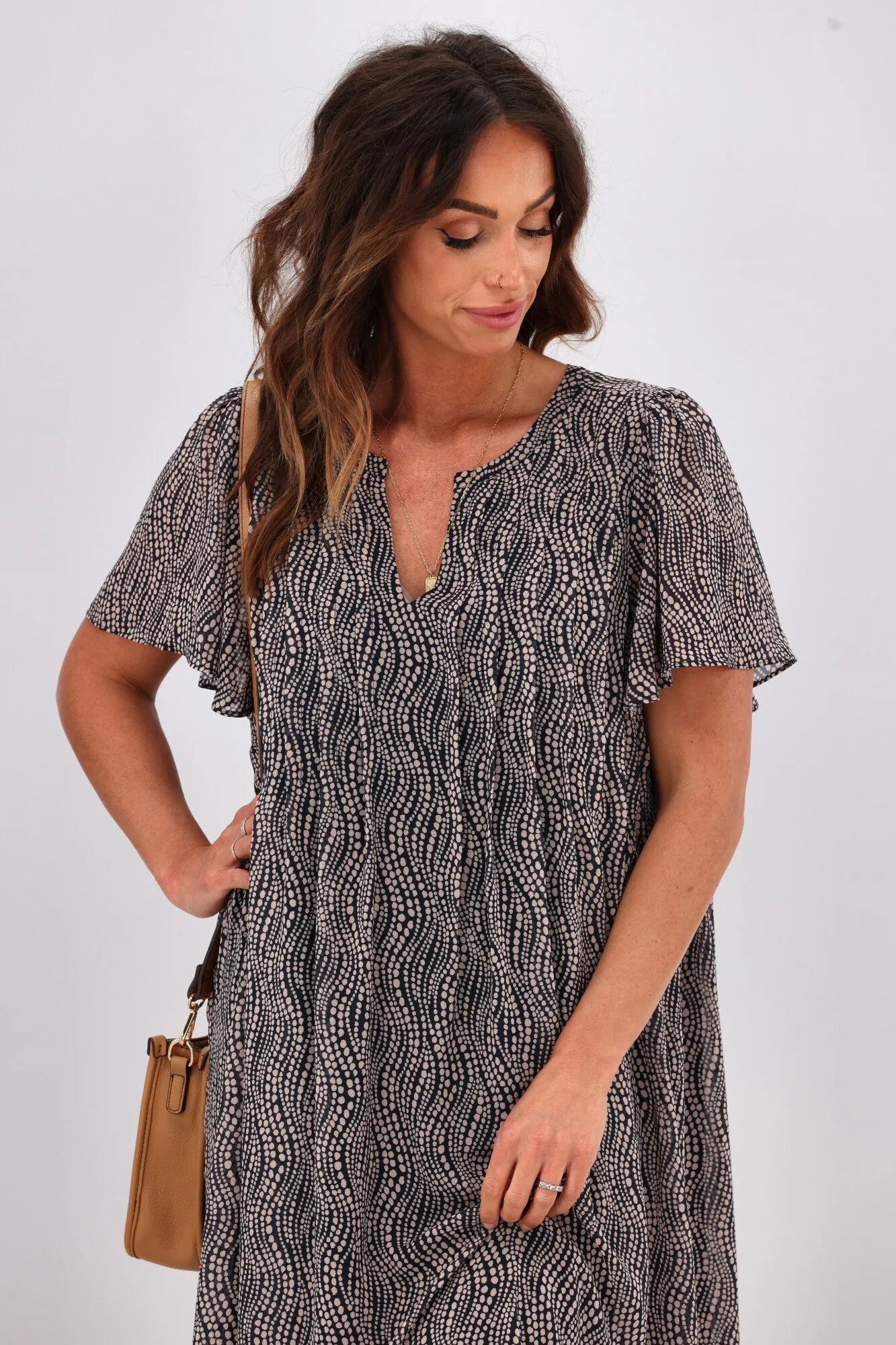 Gloss by Shine On Asya Pleat Front Dress Midnight Natural Spot Print