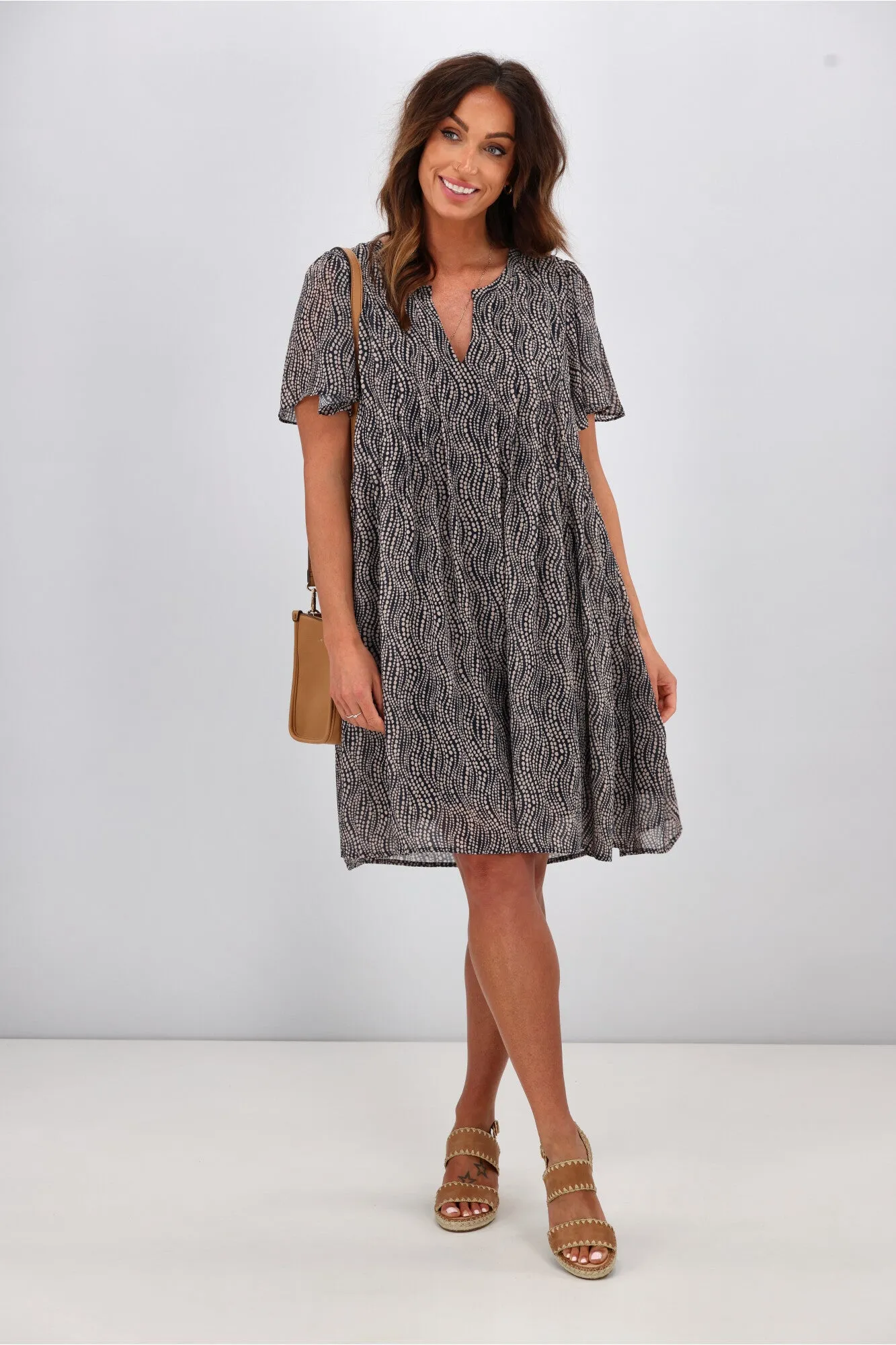 Gloss by Shine On Asya Pleat Front Dress Midnight Natural Spot Print