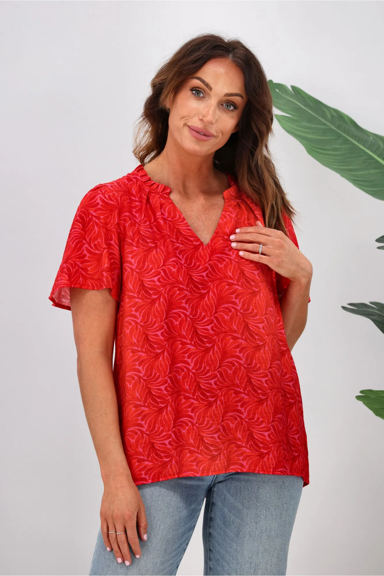 Gloss by Shine On Celeste Flutter Sleeve Blouse Pink Red Geo