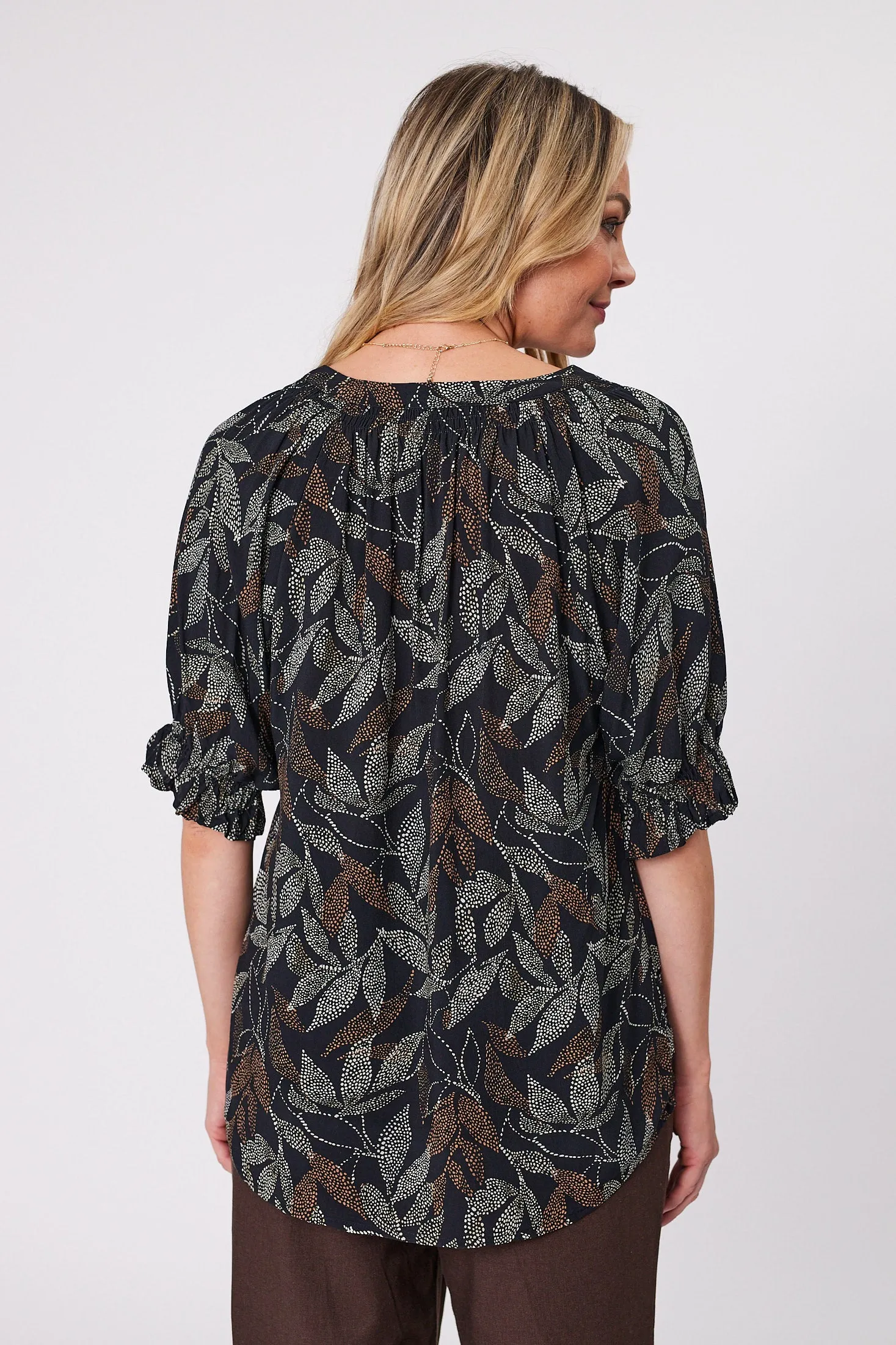 Gloss by Shine On Fable Mandarin Collar Top Black Dot Leaf Print