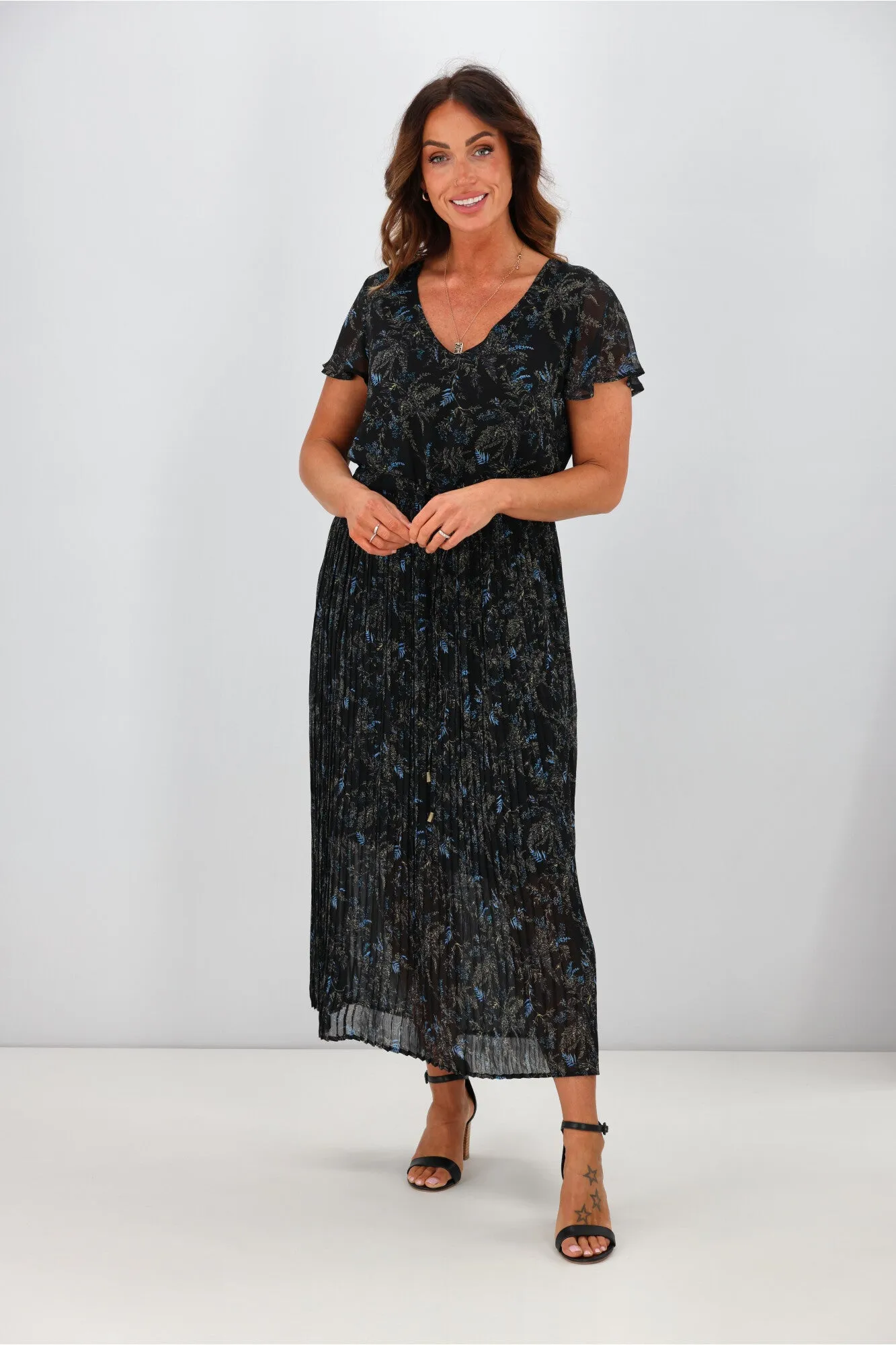 Gloss by Shine On Nyla Pleated Dress  Black Fauna Print