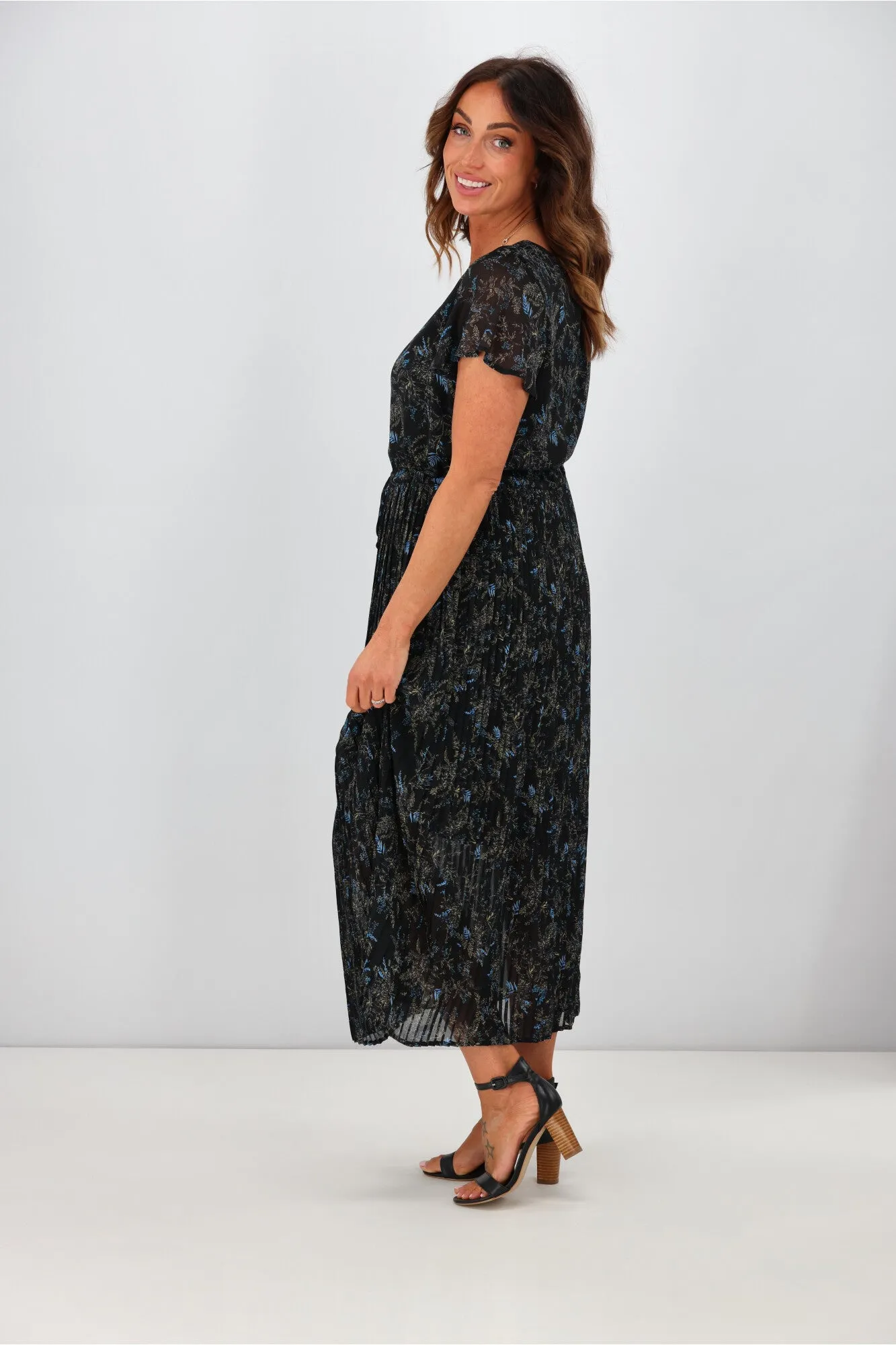 Gloss by Shine On Nyla Pleated Dress  Black Fauna Print