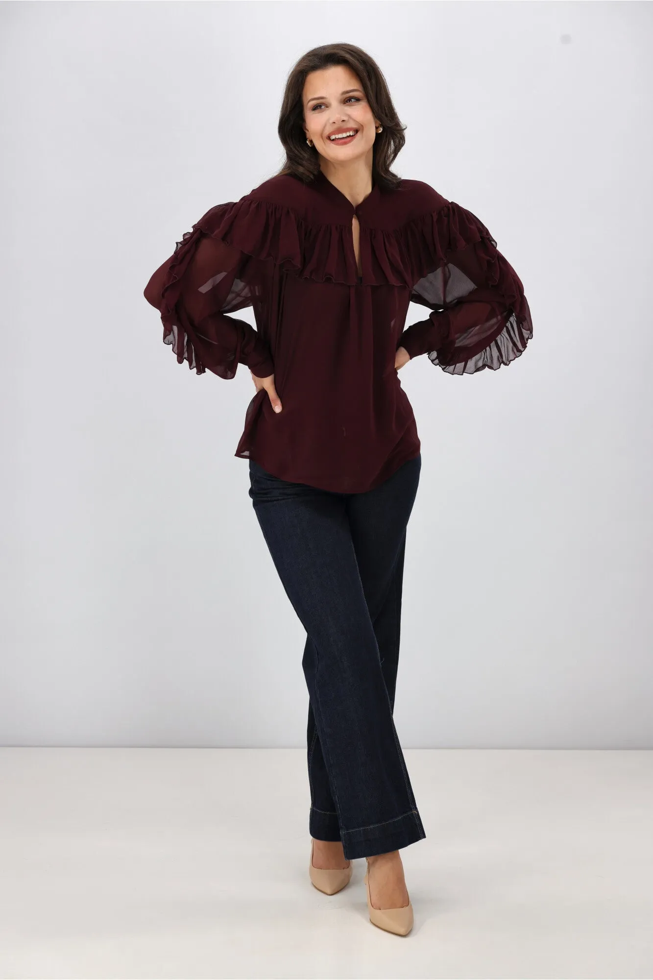 Gloss the Label Belle Chiffon Ruffle Top Merlot
