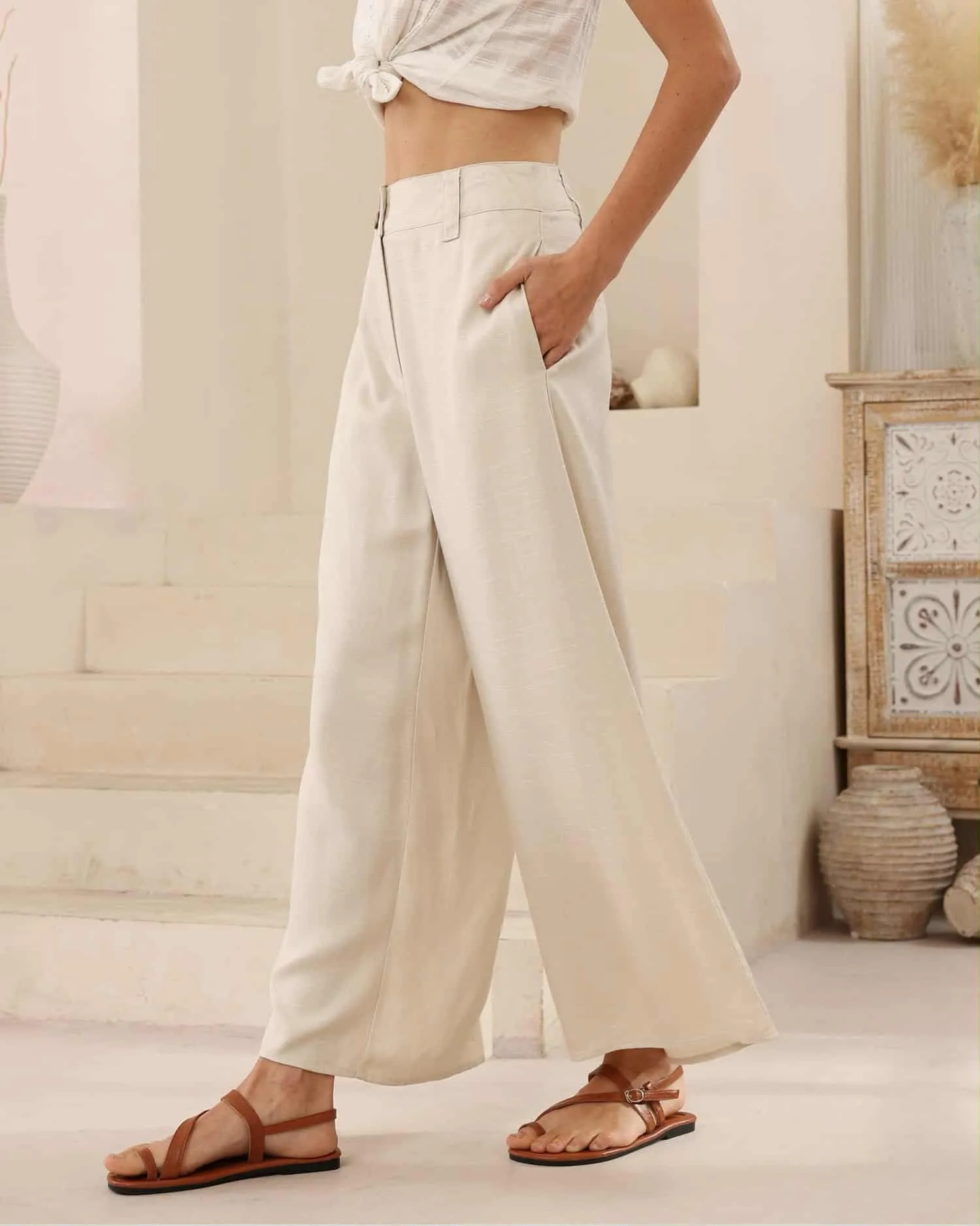 Iris Maxi Joplin Silk Linen Pants Wide Leg - Natural