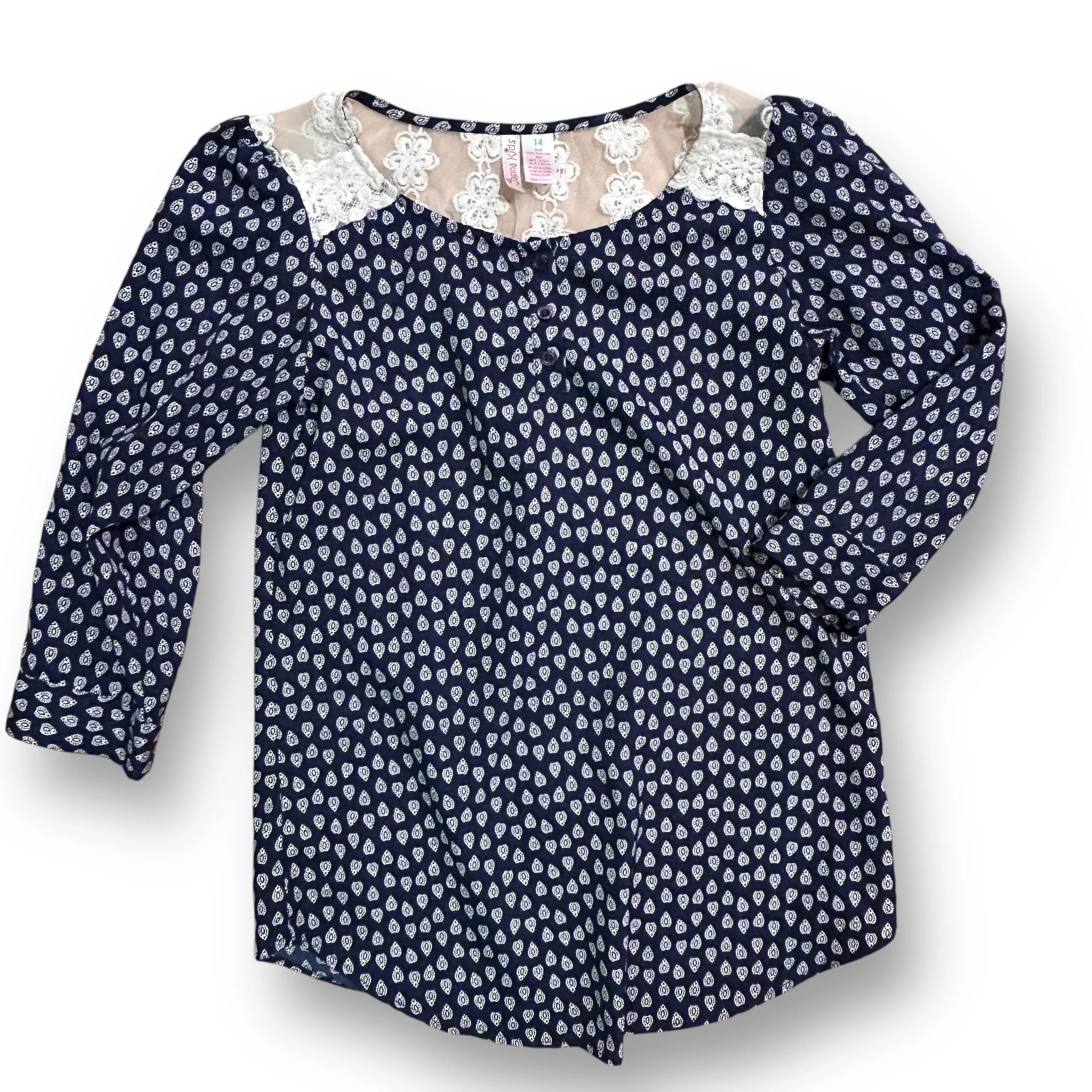 Japna Girls Size 14 Loose Fit Navy Lace-Backing Printed Blouse