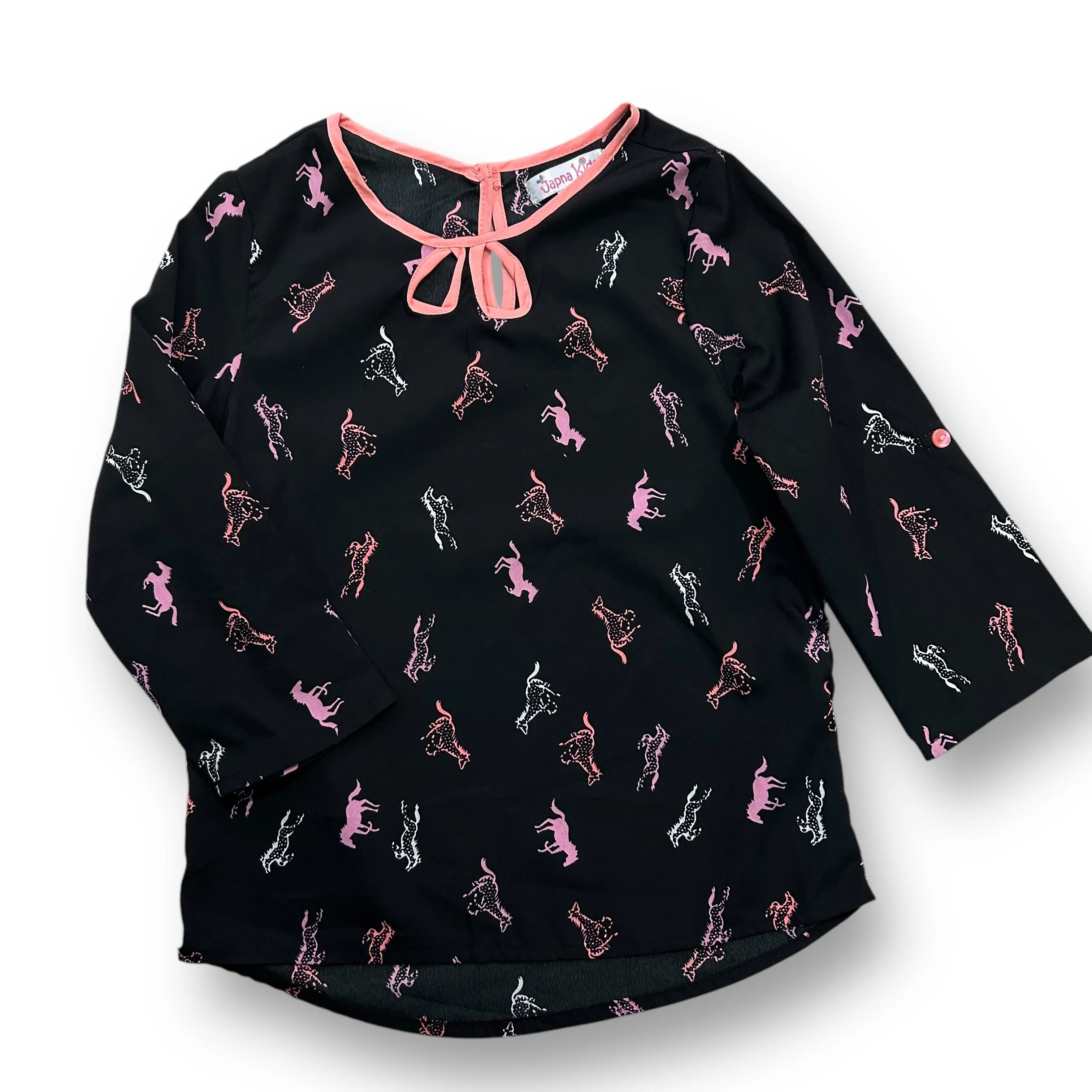 Japna Girls Size 7 Black Horse Print 3/4 Sleeve Blouse