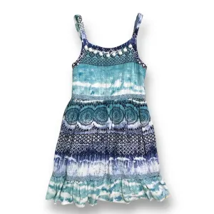 Kidpik Youth Girl Size 10 Blue Tie-Dye Pom Neckline Boho Sundress