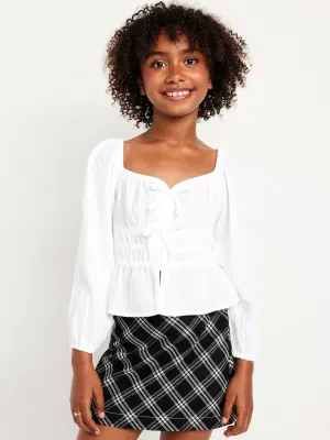 Long-Sleeve Double-Weave Bow Top for Girls