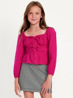 Long-Sleeve Double-Weave Bow Top for Girls