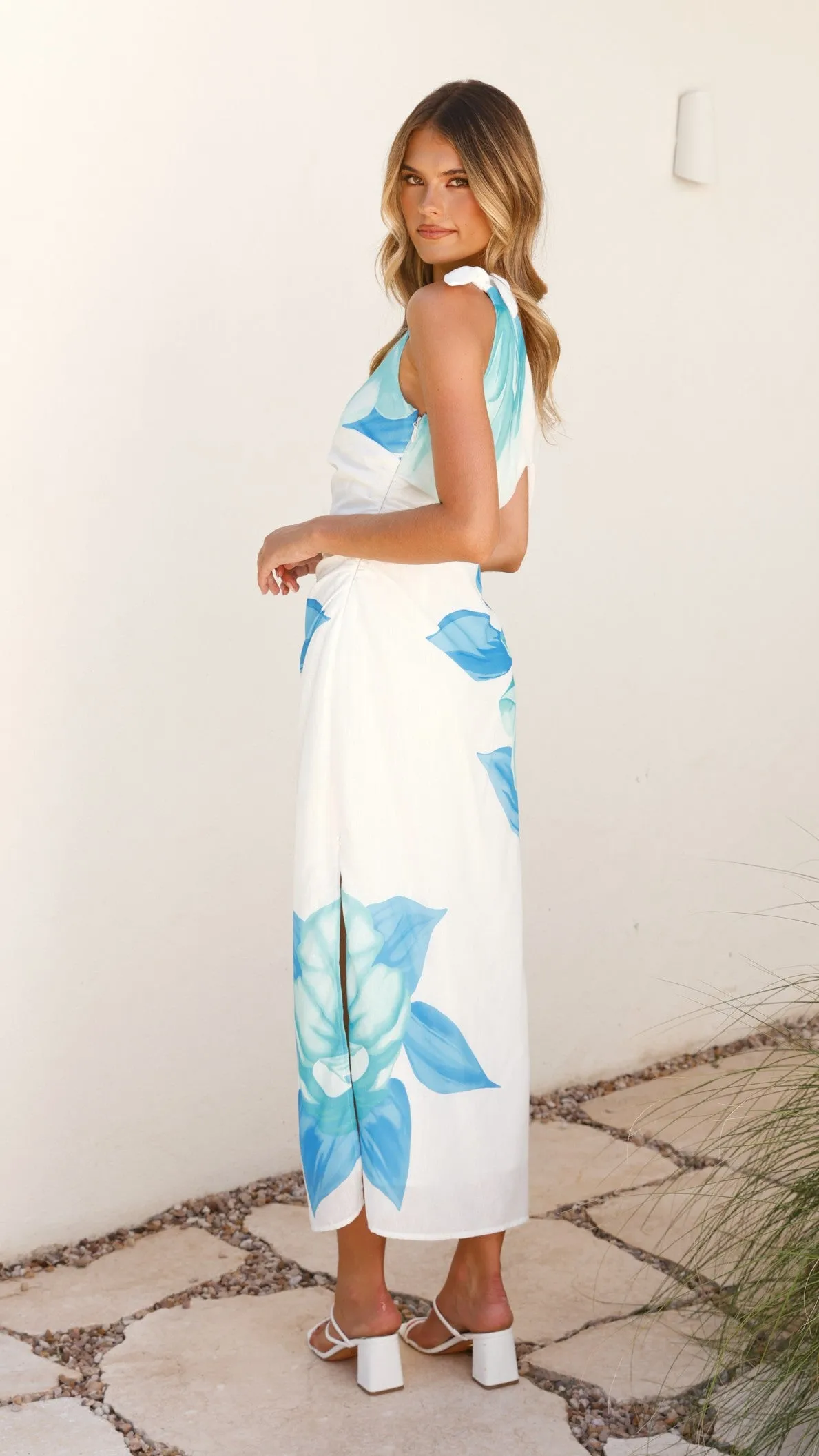 Maisy Shoulder Tie Midi Dress - Blue Teal Billy J