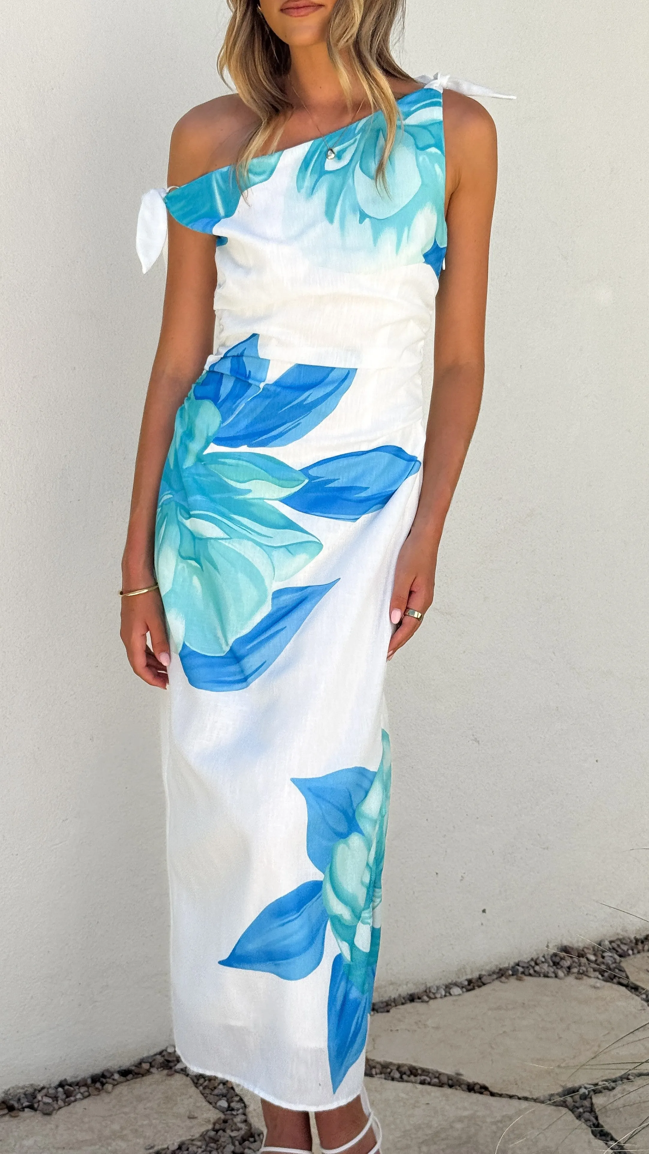 Maisy Shoulder Tie Midi Dress - Blue Teal Billy J
