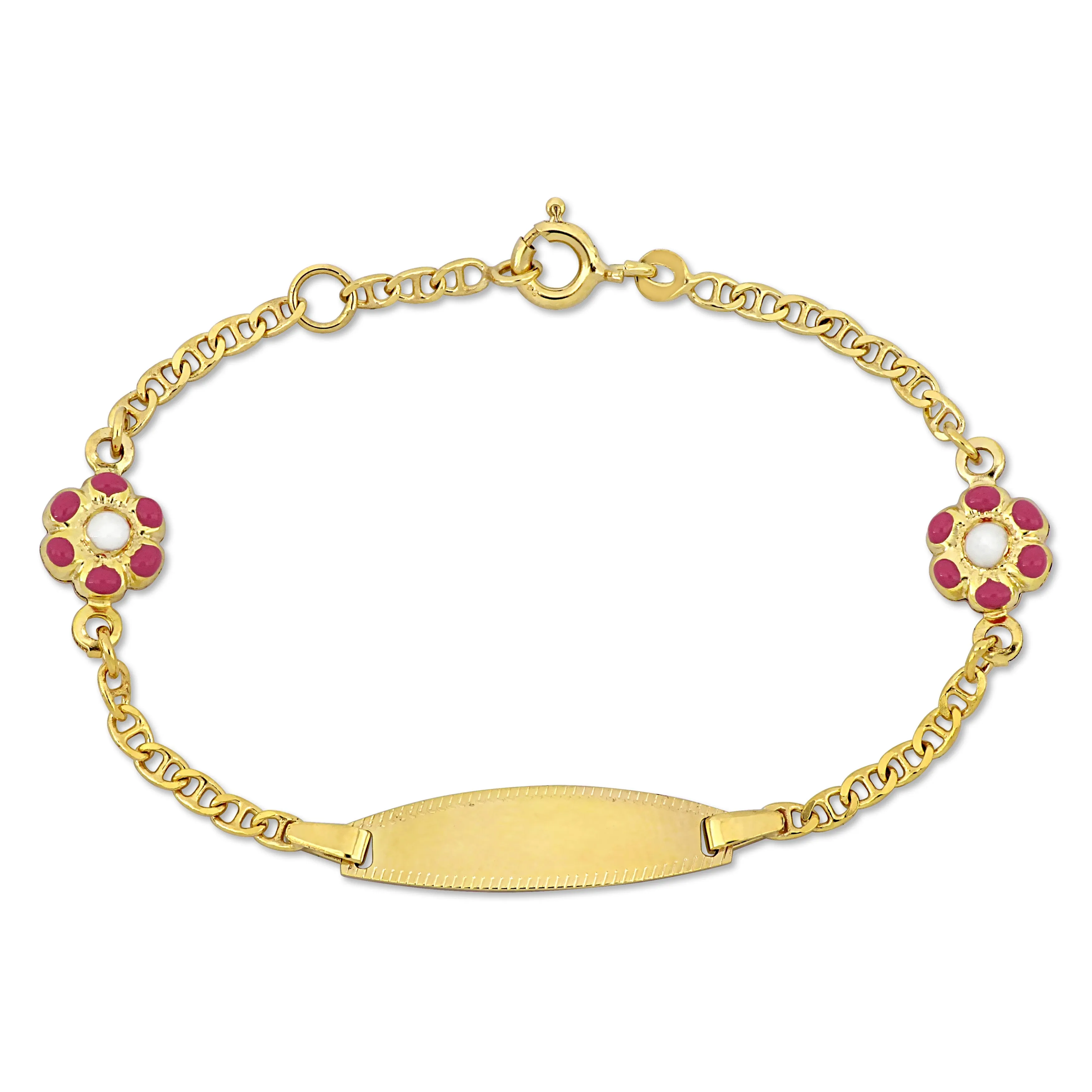 Mimi & Max Children's White and Pink Enamel Flower Charm Link Chain Bracelet in 14k Yellow Gold - 5 0.5 in.