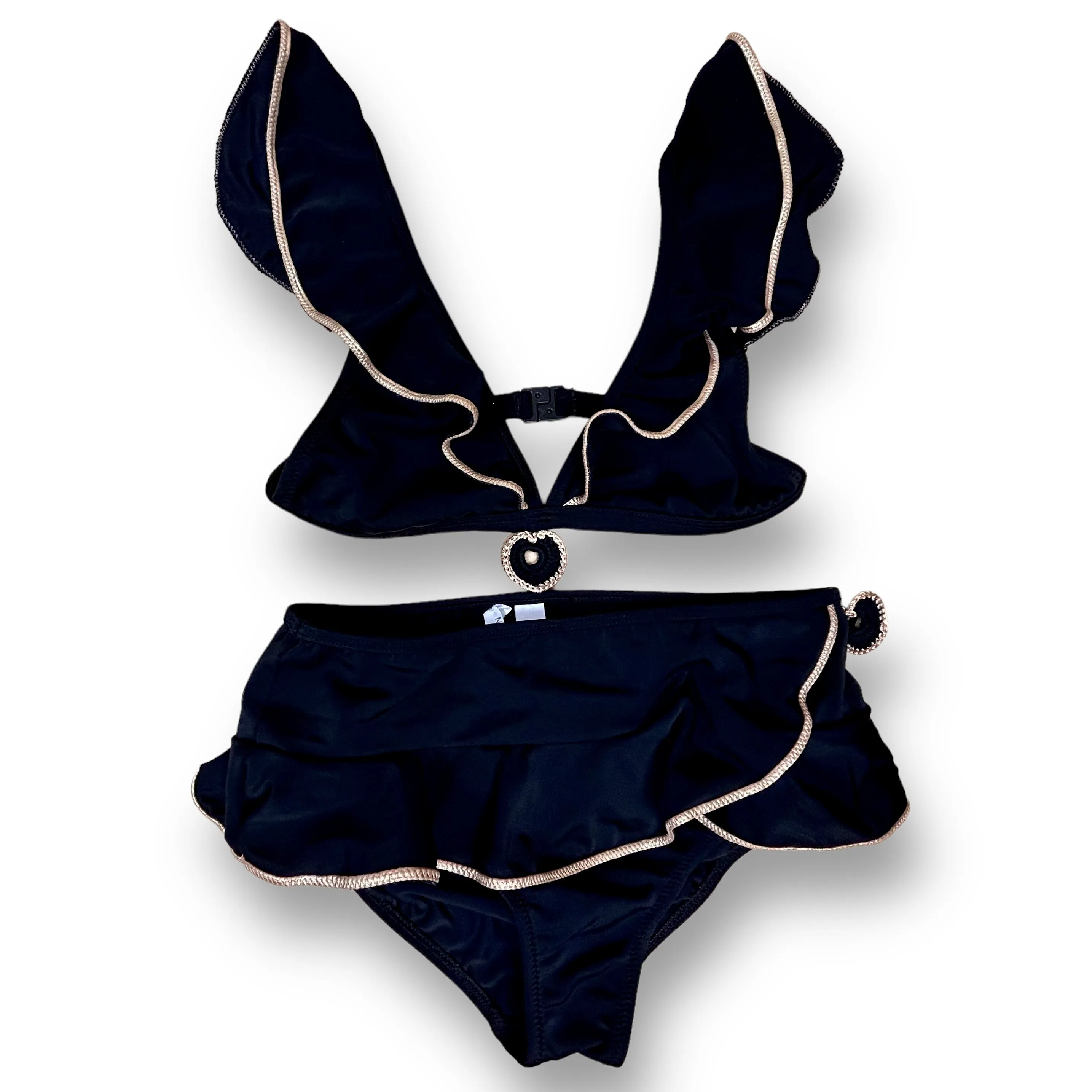 Nessi Byrd Youth Girls Size 12 Black Bikini with Gold Accent 2-Pc Swimsuit