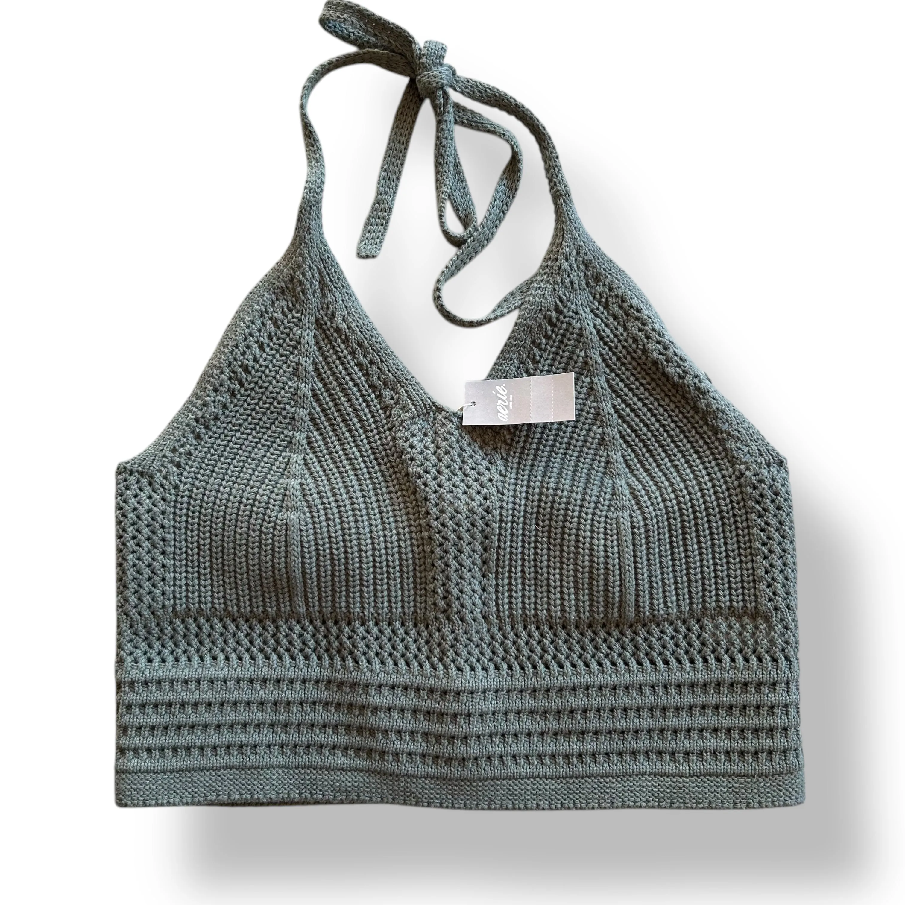 NEW! Aerie Size Medium Dark Green Knit Crochet Cropped Halter Top