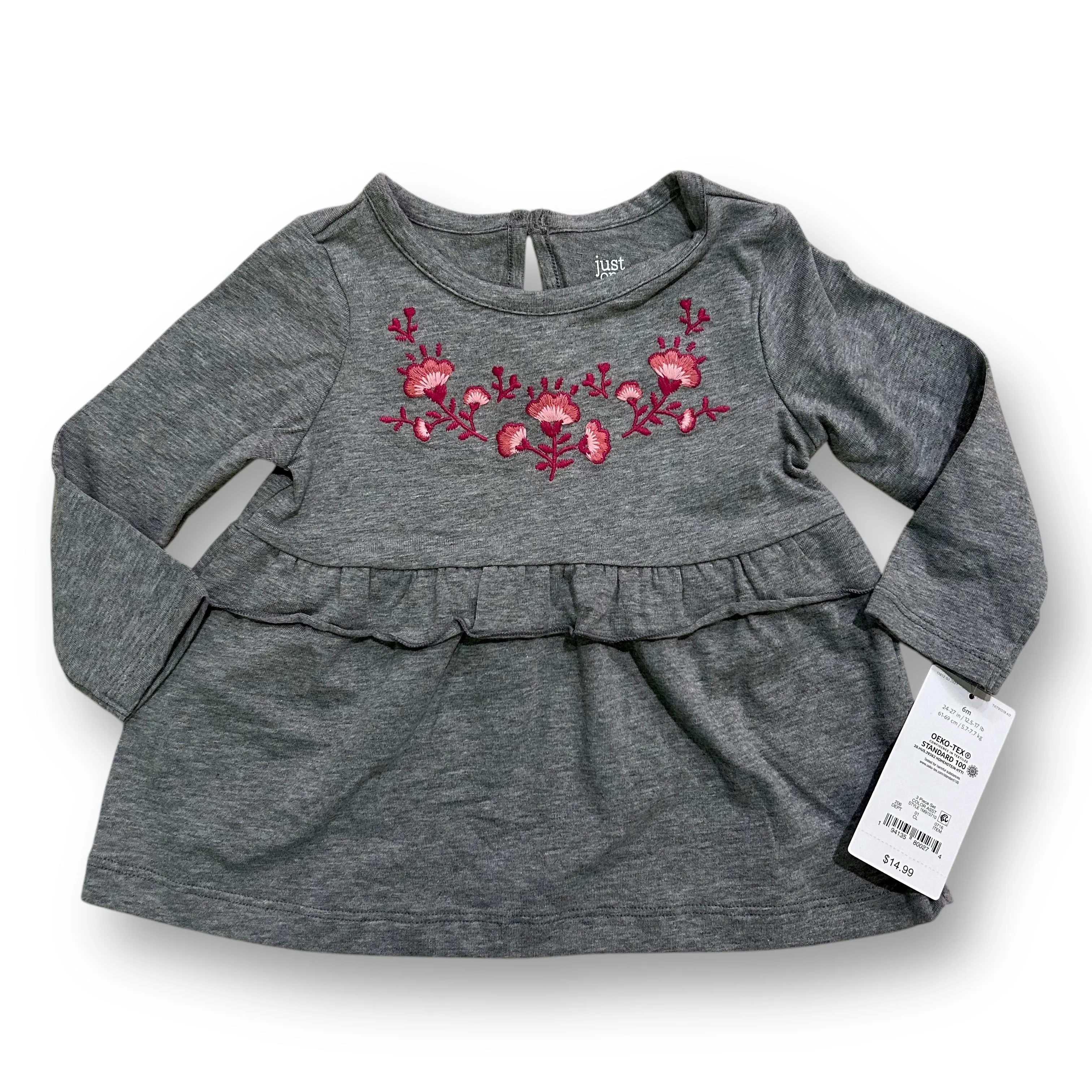 NEW! Baby Girl Size 6 Months Gray Embroidered Long Sleeve Babydoll Top