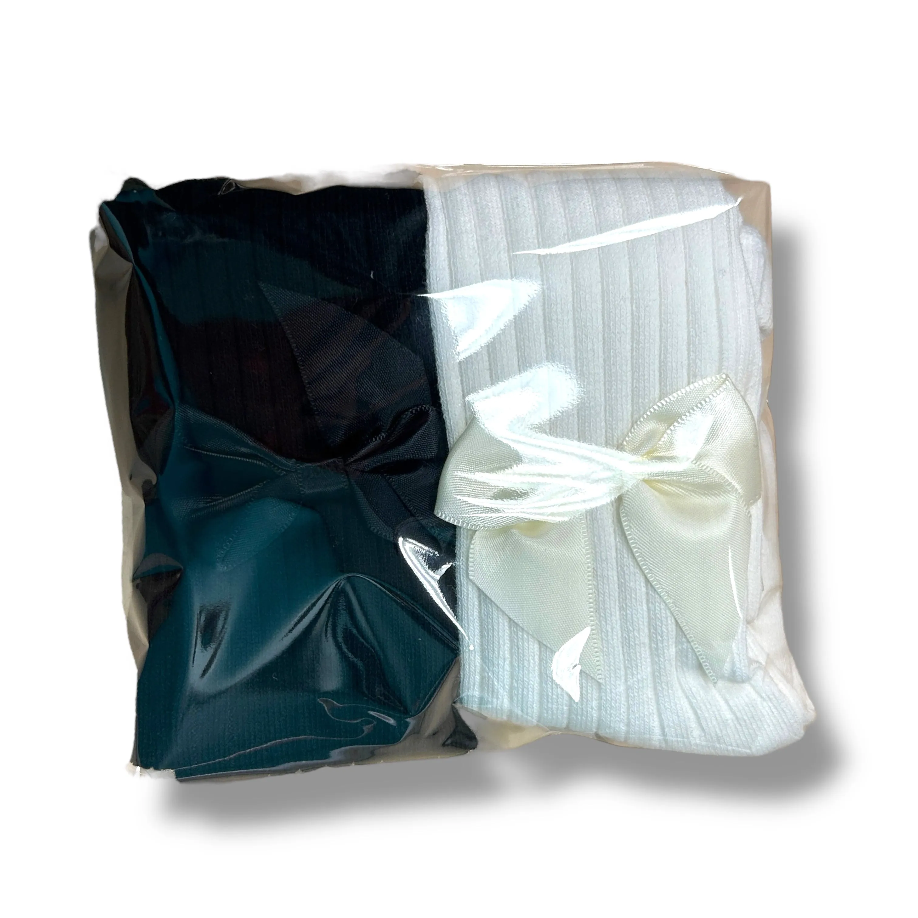 NEW! Baby Girl Tights Size 0-6 Months 2pc Black & White Ribbed with Bow Accents
