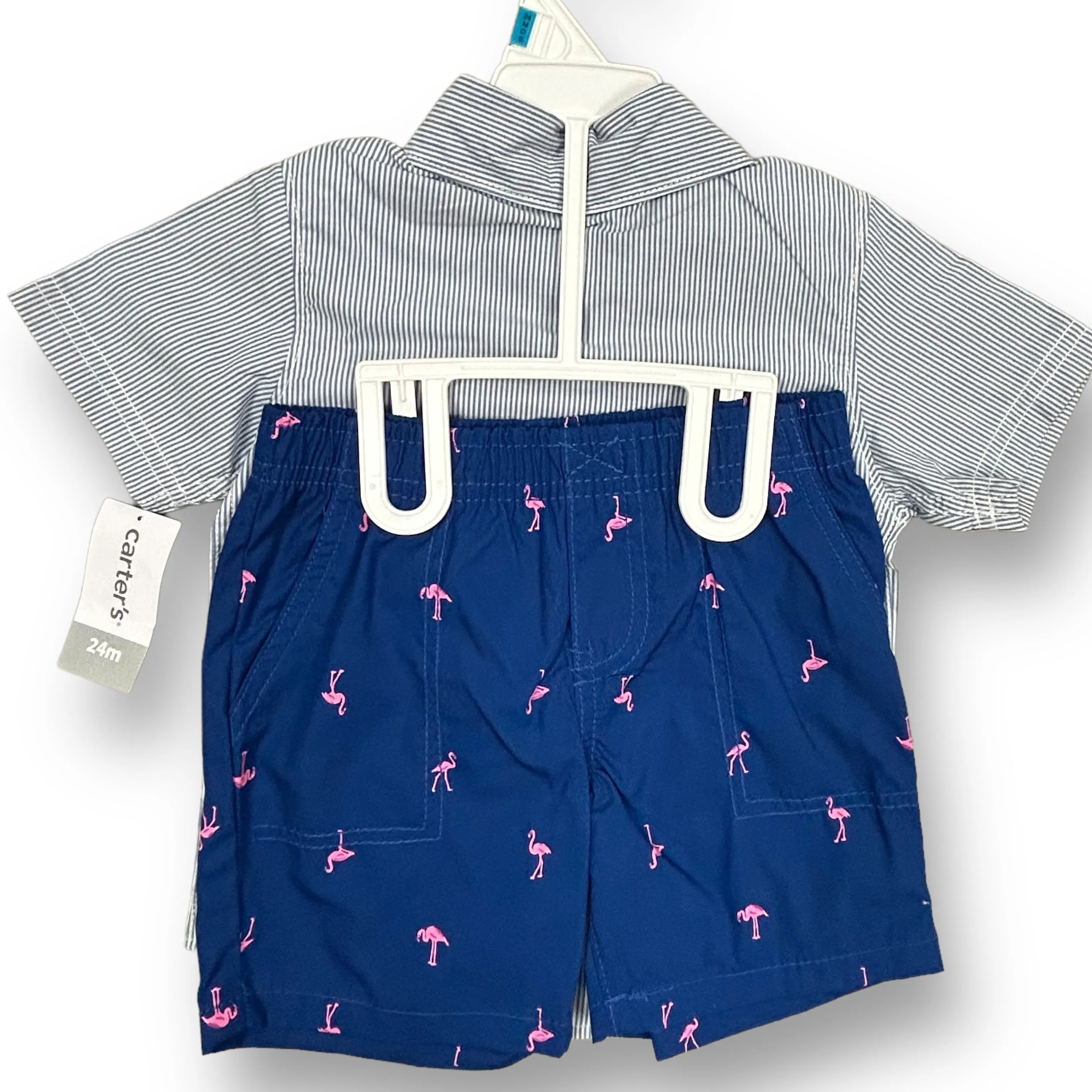 NEW! Boys Carter's Size 24 Months Blue & White Flamingo Print 2-Pc Outfit