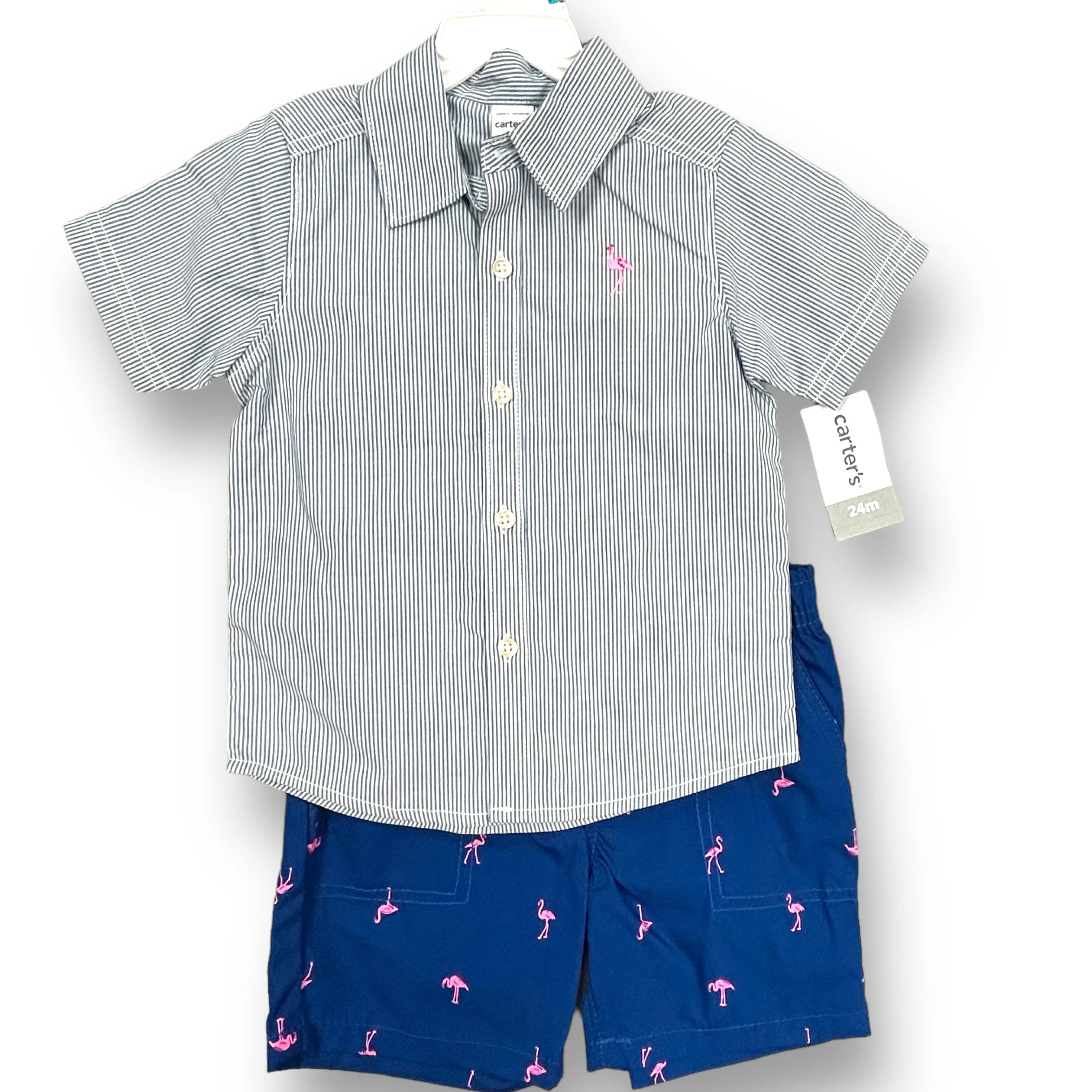 NEW! Boys Carter's Size 24 Months Blue & White Flamingo Print 2-Pc Outfit