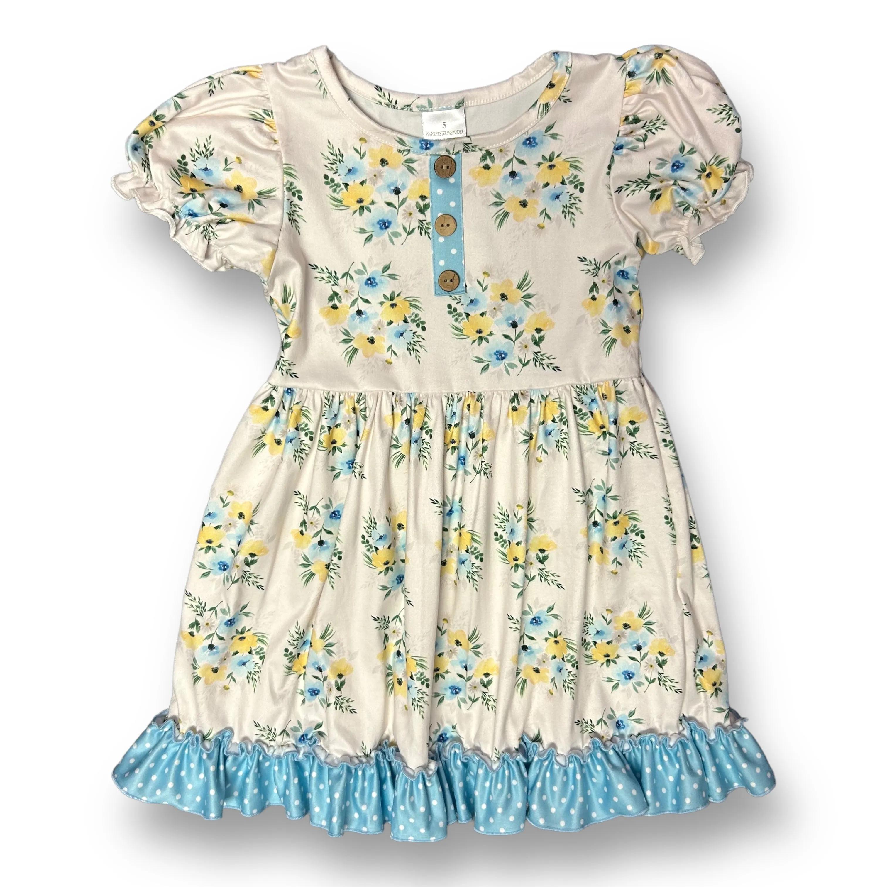NEW! Girls Boutique Size 5 Floral Print Ivory Button Accent Soft Twirl Dress