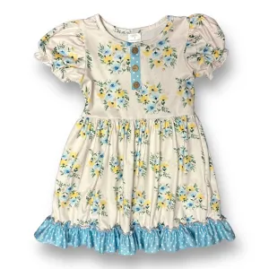 NEW! Girls Boutique Size 5 Floral Print Ivory Button Accent Soft Twirl Dress