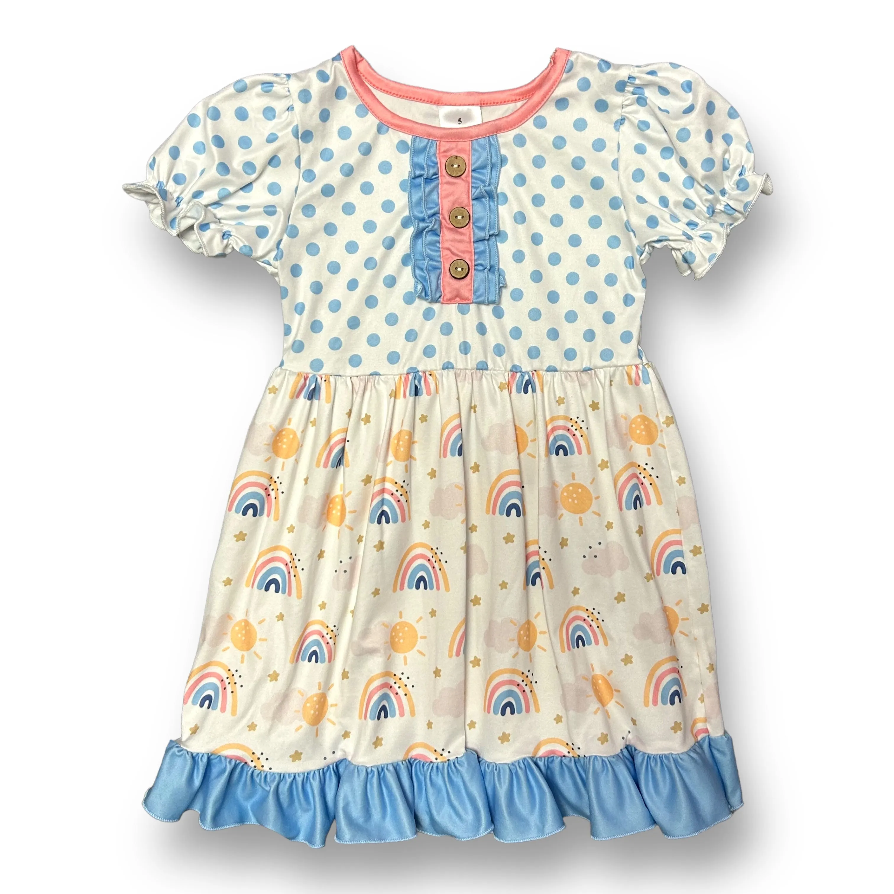 NEW! Girls Boutique Size 5 Polka Dot & Rainbows Soft Ruffled Twirl Dress