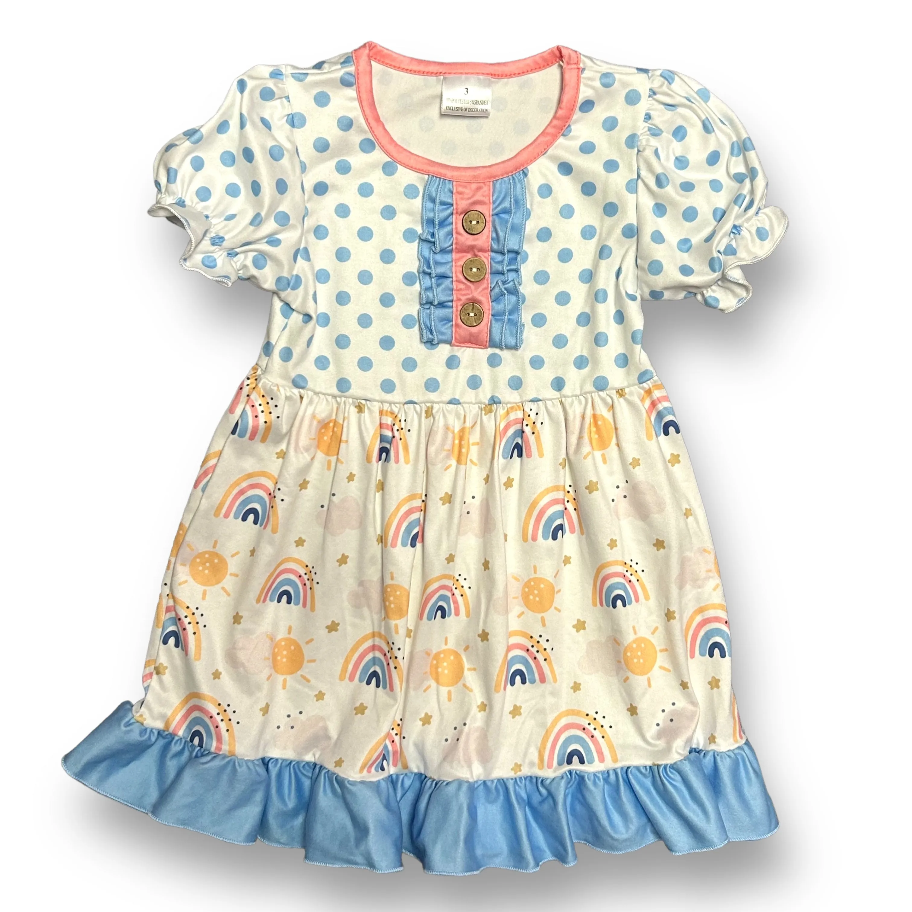 NEW! Girls Size 3 Boutique Dress Polka Dot & Rainbows Soft Ruffled Twirl