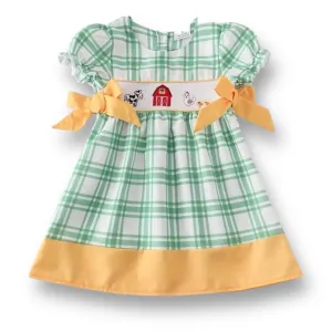 NEW! Girls Size 3 Boutique Smocked Dress Gingham Farm Animals with Ribbons