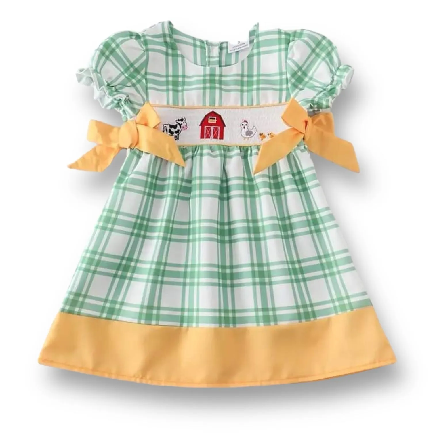 NEW! Girls Size 3 Boutique Smocked Dress Gingham Farm Animals with Ribbons