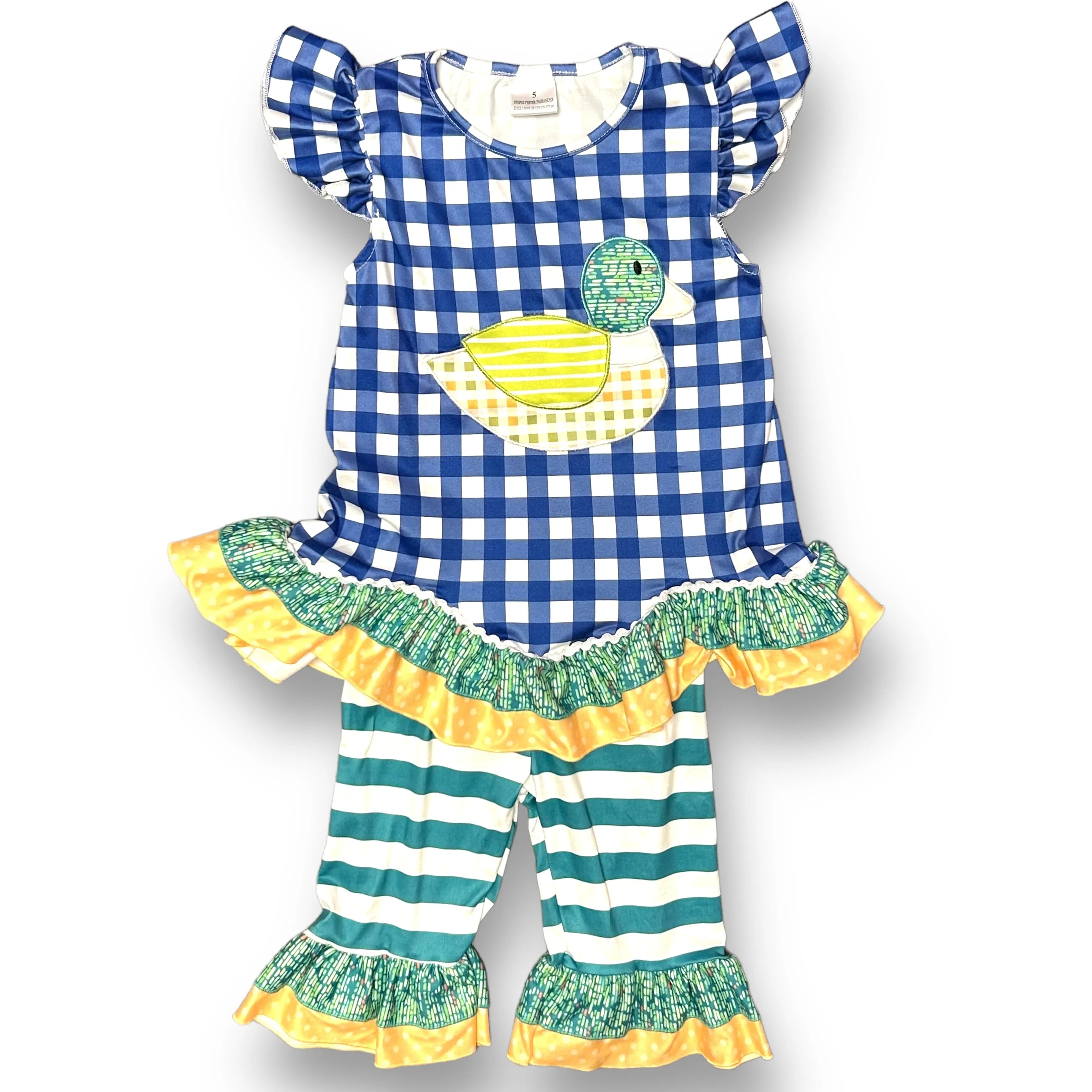 NEW! Girls Size 5 Boutique Outfit Soft Knit 2pc Mallard Duck Ruffled Top & Pants