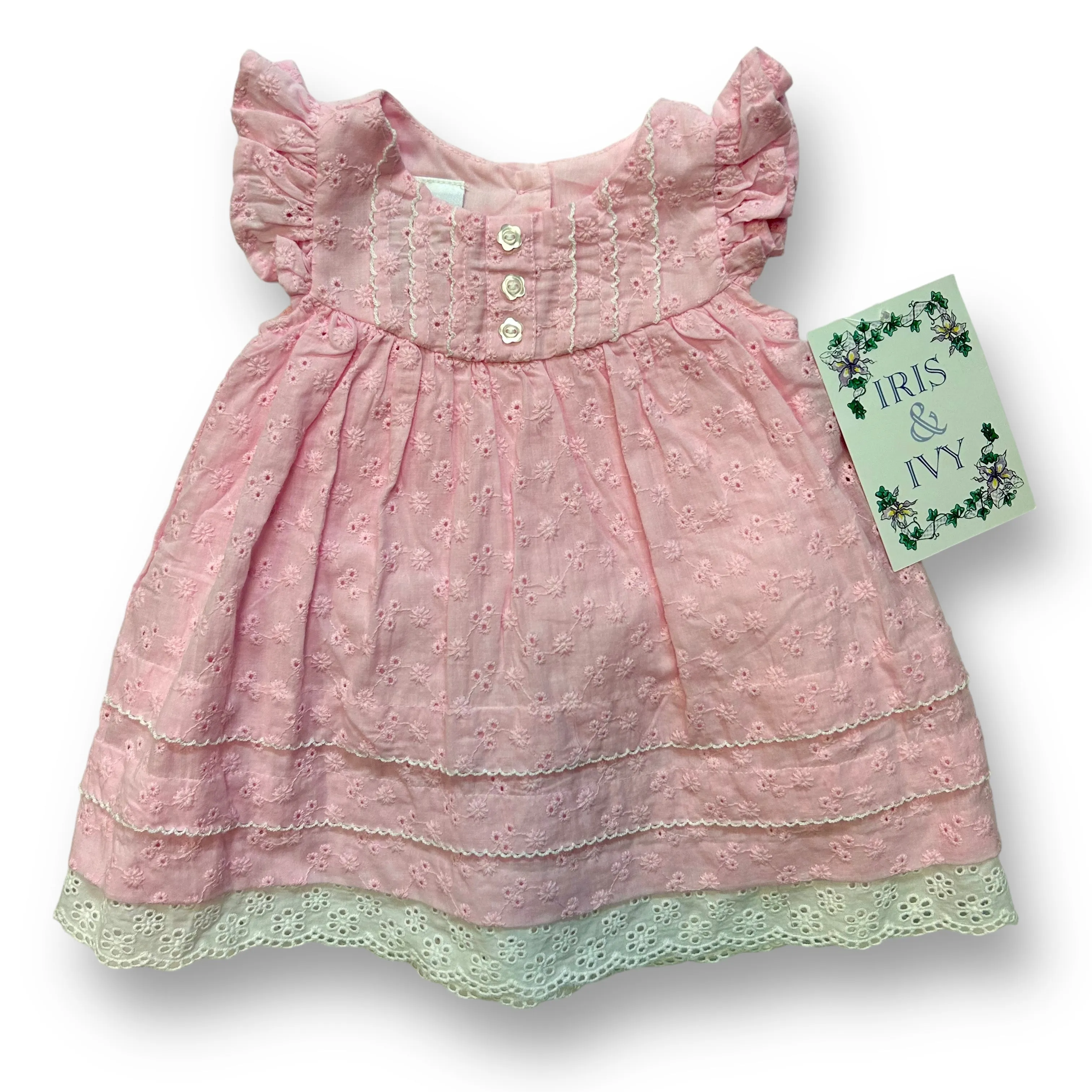 NEW! Iris & Ivy Baby Girl Size 6-9 Months Pink Eyelet Dress with Flutter Sleeves