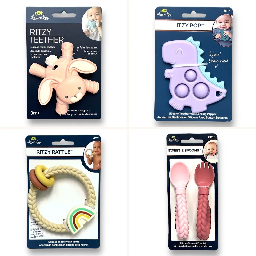 NEW! Itzy Ritzy 4-Pack BPA Free Baby Spoon, Fork, Teethers, and Rattle