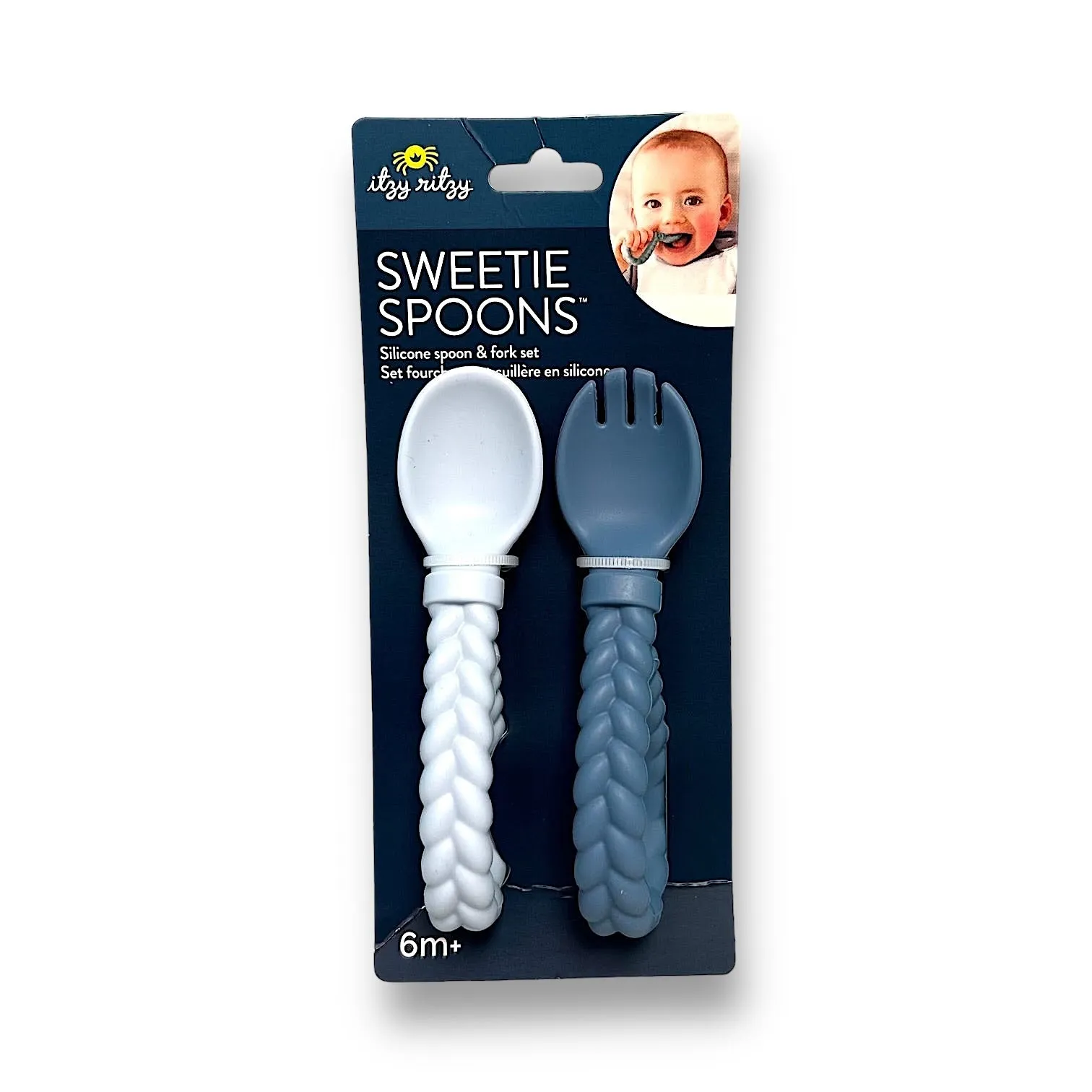 NEW! Itzy Ritzy Sweetie Blue Silicone BPA Free Baby Spoon and Fork Set