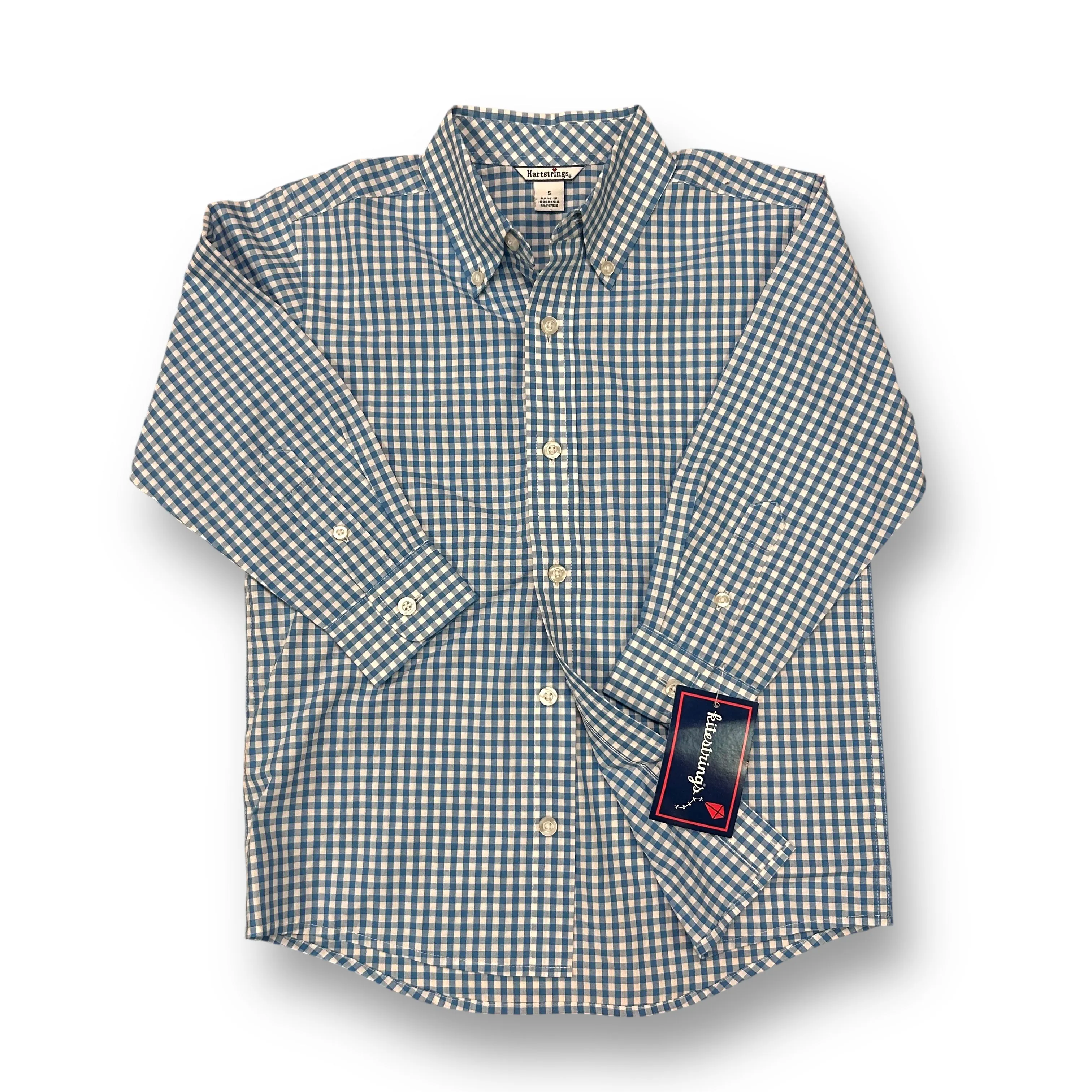 NEW! Kitestrings Boys Size 5 Shirt Blue & White Checkered Button Down