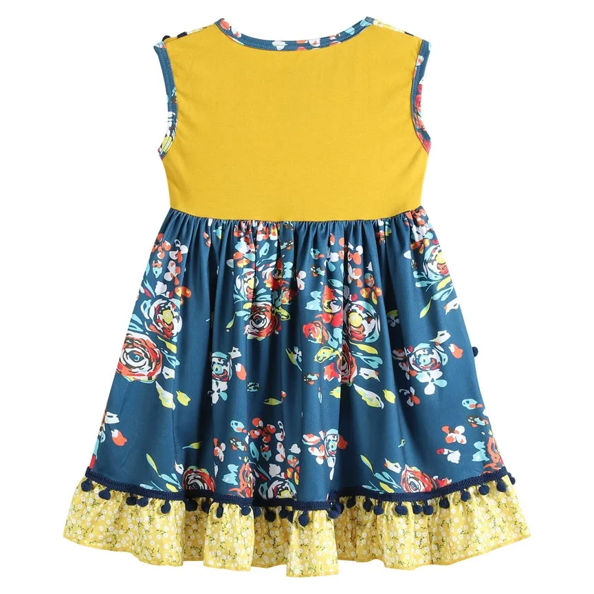 NEW! Ruffles by Tutu and Lulu Size 6 Mustard & Cobalt Floral Pom-Pom Dress