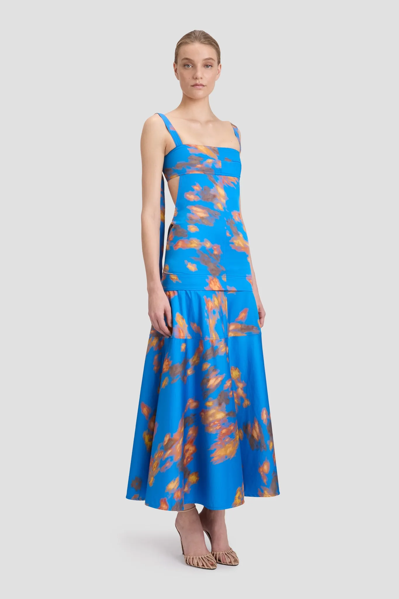 Panelled Maxi Skirt In Blue Abstract Floral Print Victoria Beckham
