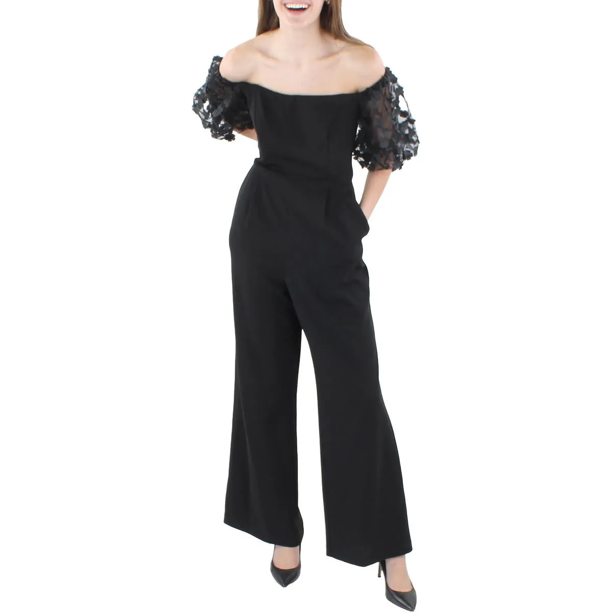 Petites Womens Floral Applique Off-The-Shoulder Jumpsuit