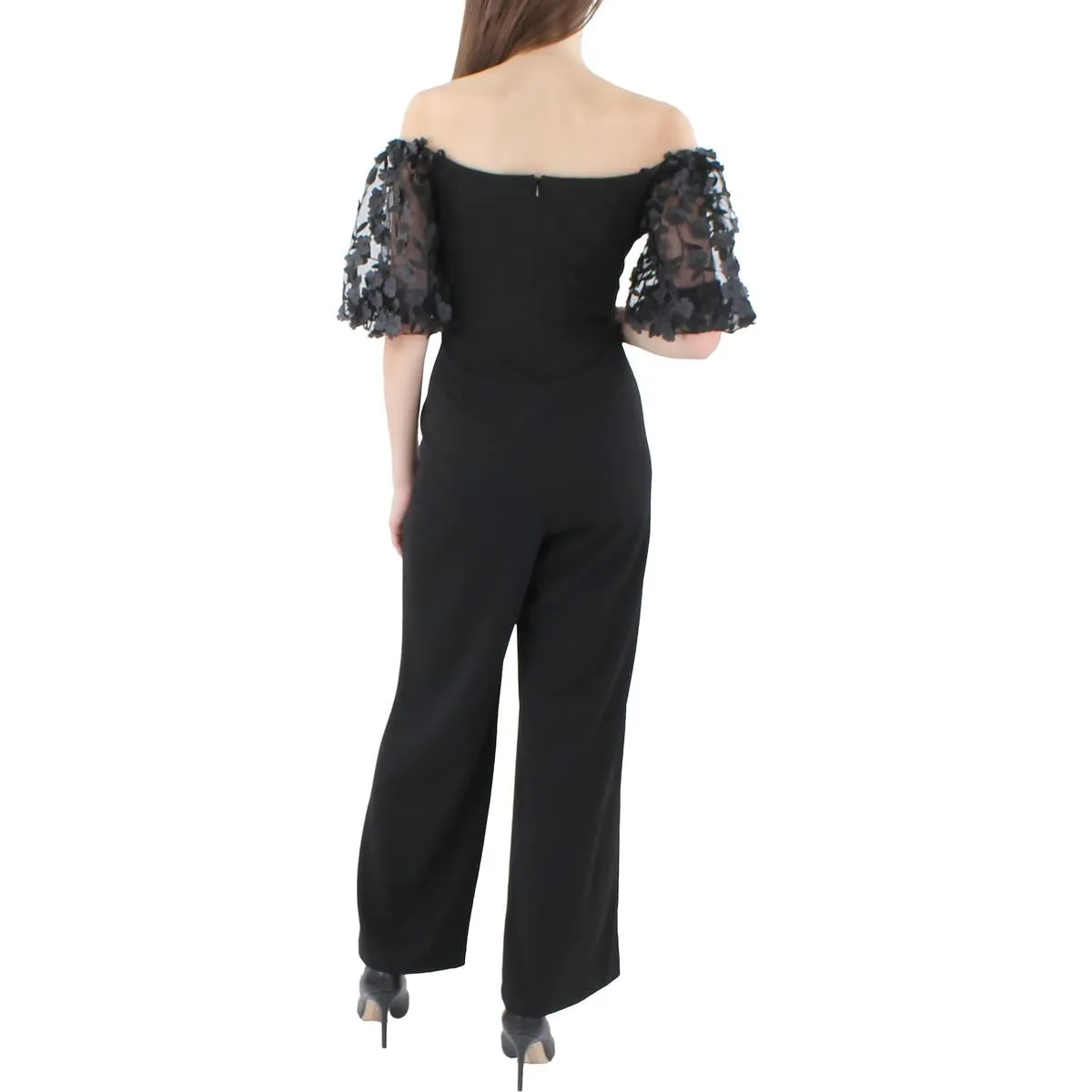 Petites Womens Floral Applique Off-The-Shoulder Jumpsuit