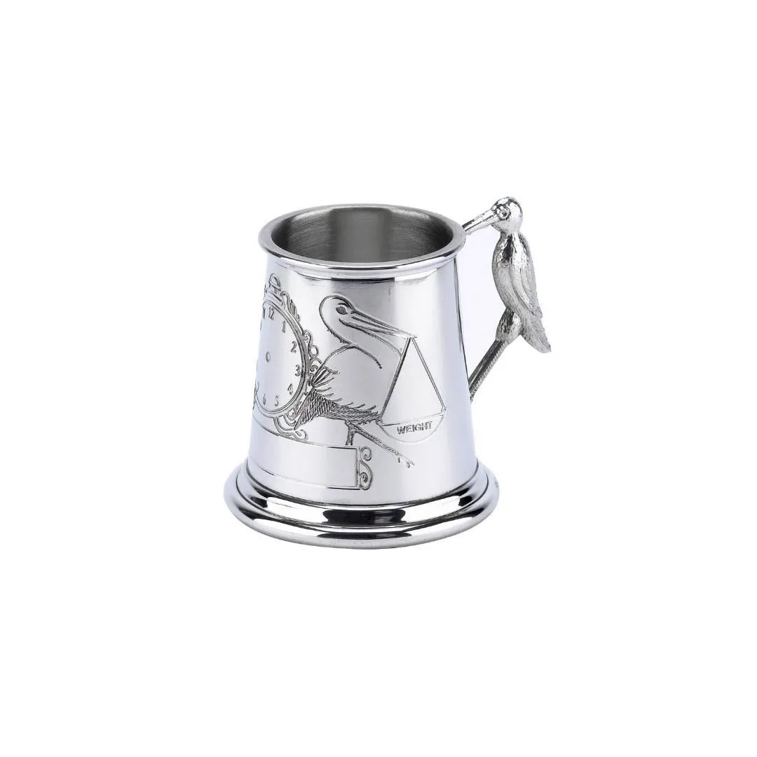 PEWTER MUG WITH STORK ROLLED DESIGN