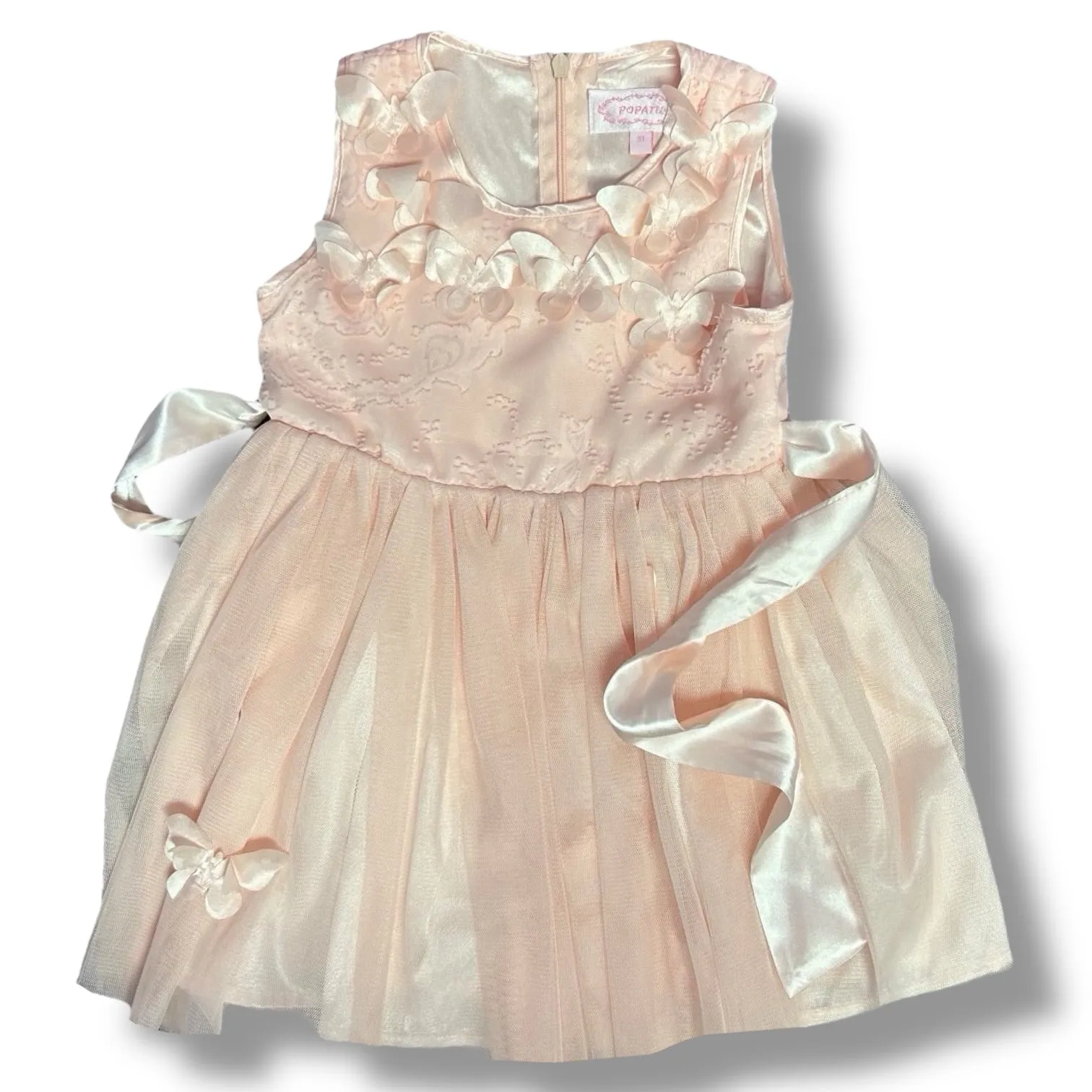 Popatu Girls Size 3T Sleeveless Boutique Dress, Peach Tulle and Ribbon
