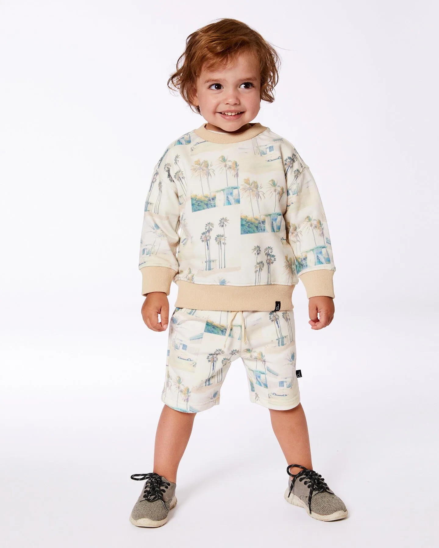 Printed French Terry Short Beige Palm Tree And Teal